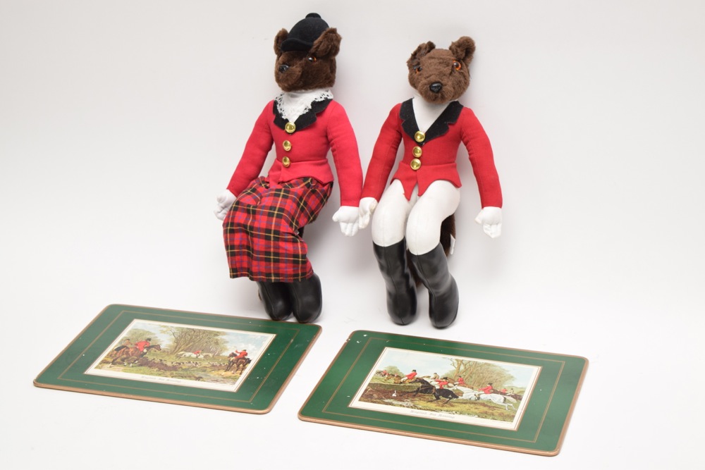 Pair of Fox Hunting Themed Stuffed Mantel Foxes and Place Mats