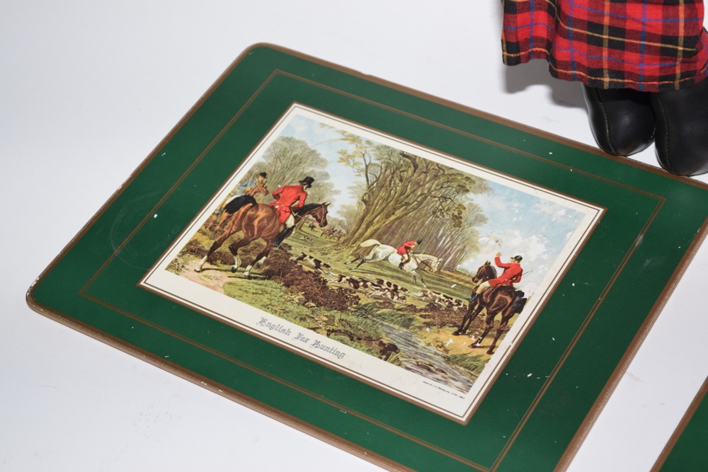 Pair of Fox Hunting Themed Stuffed Mantel Foxes and Place Mats