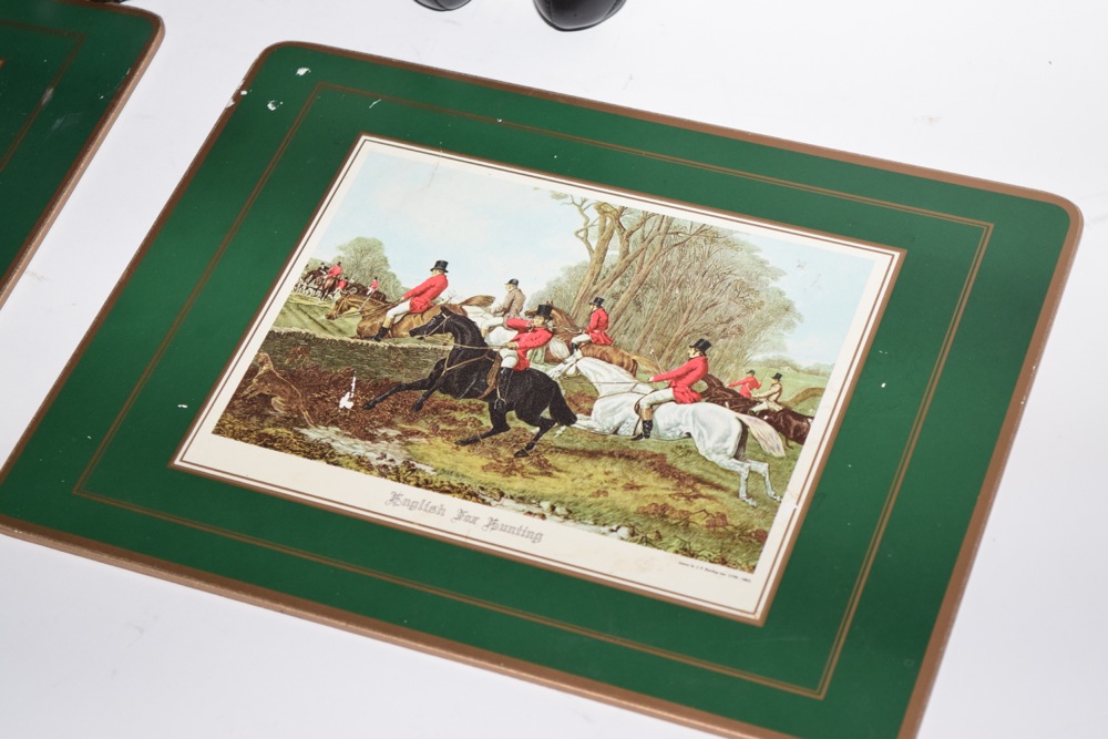 Pair of Fox Hunting Themed Stuffed Mantel Foxes and Place Mats