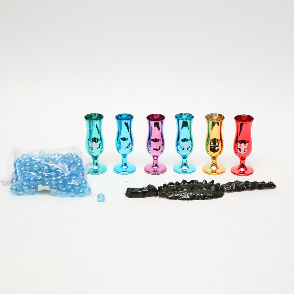 Pottery Alligator, Blue Marbles and Colorful Glass Loving Cups