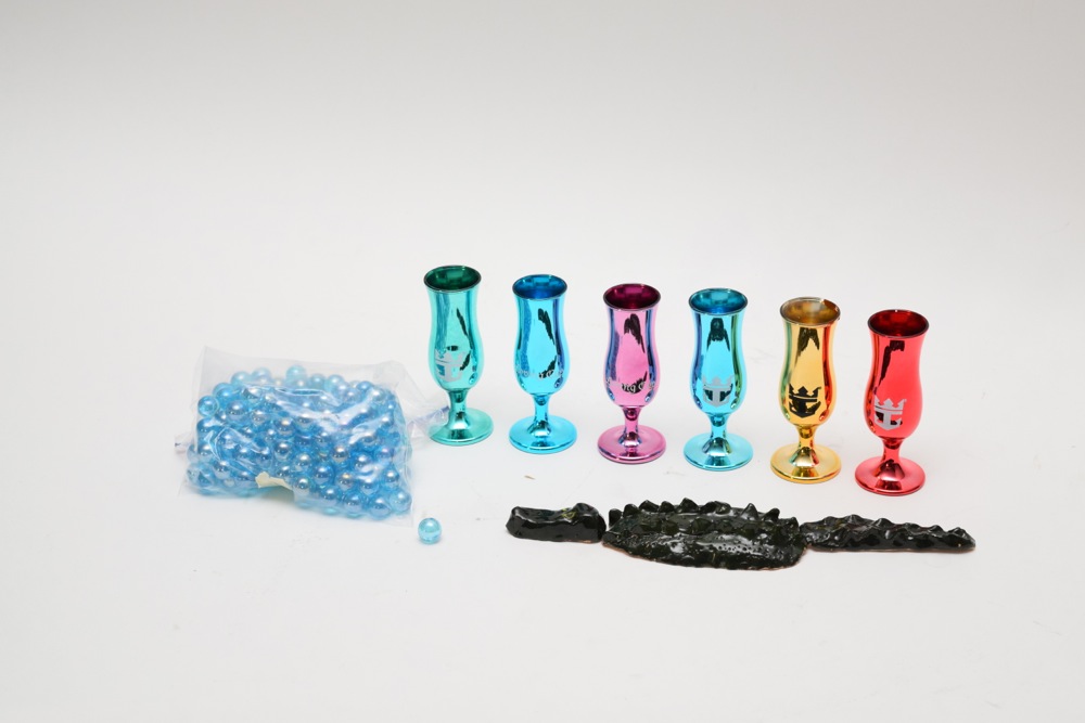 Pottery Alligator, Blue Marbles and Colorful Glass Loving Cups