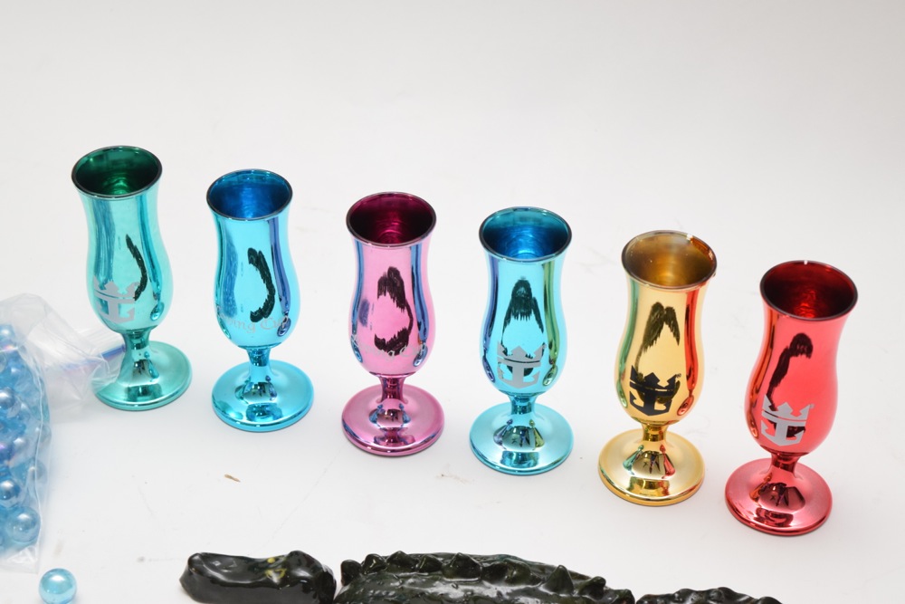 Pottery Alligator, Blue Marbles and Colorful Glass Loving Cups