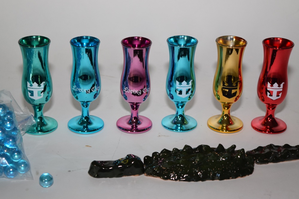 Pottery Alligator, Blue Marbles and Colorful Glass Loving Cups