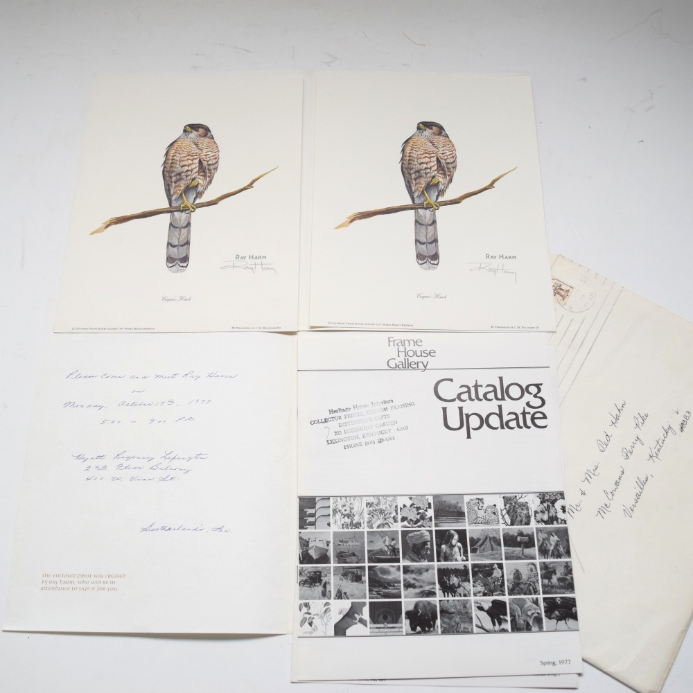 Pair of Ray Harm Signed Cooper's Hawk Offset Lithographs and 1977 Gallery Ephemera