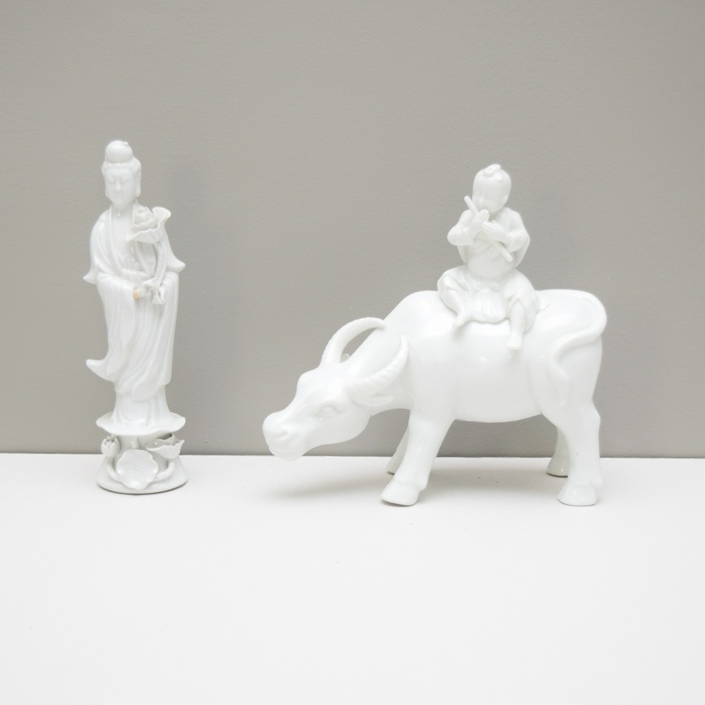 Asian Inspired Ivory Tone Porcelain Musician on Ox and Geisha Figurine