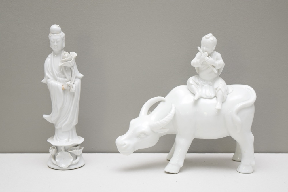 Asian Inspired Ivory Tone Porcelain Musician on Ox and Geisha Figurine