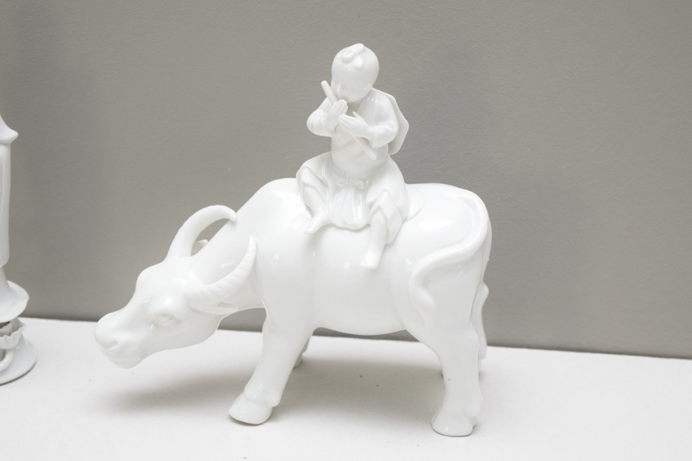 Asian Inspired Ivory Tone Porcelain Musician on Ox and Geisha Figurine