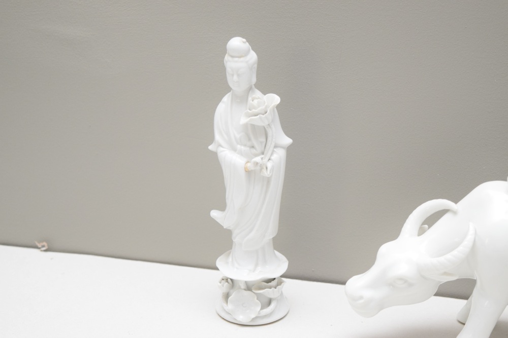 Asian Inspired Ivory Tone Porcelain Musician on Ox and Geisha Figurine