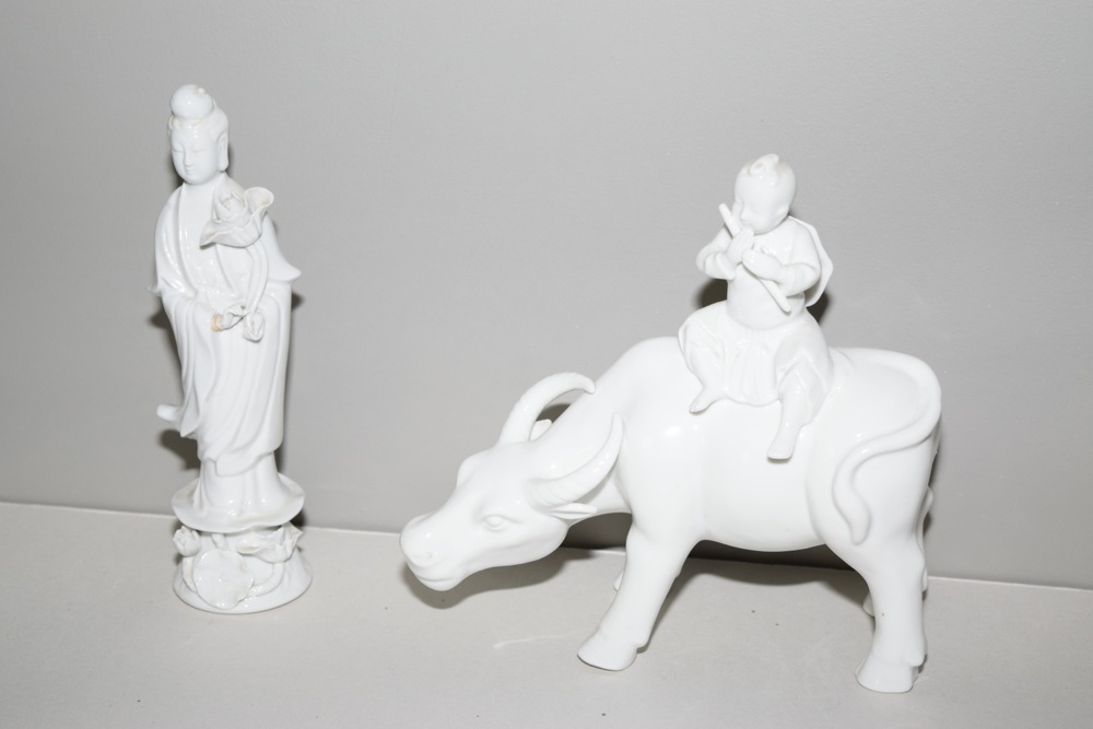 Asian Inspired Ivory Tone Porcelain Musician on Ox and Geisha Figurine