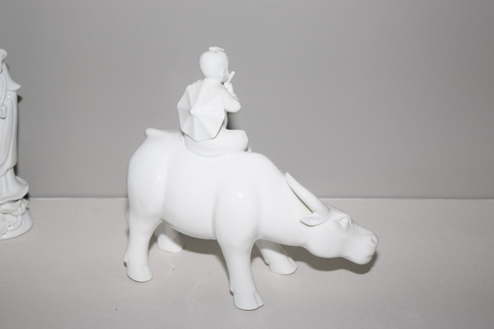 Asian Inspired Ivory Tone Porcelain Musician on Ox and Geisha Figurine