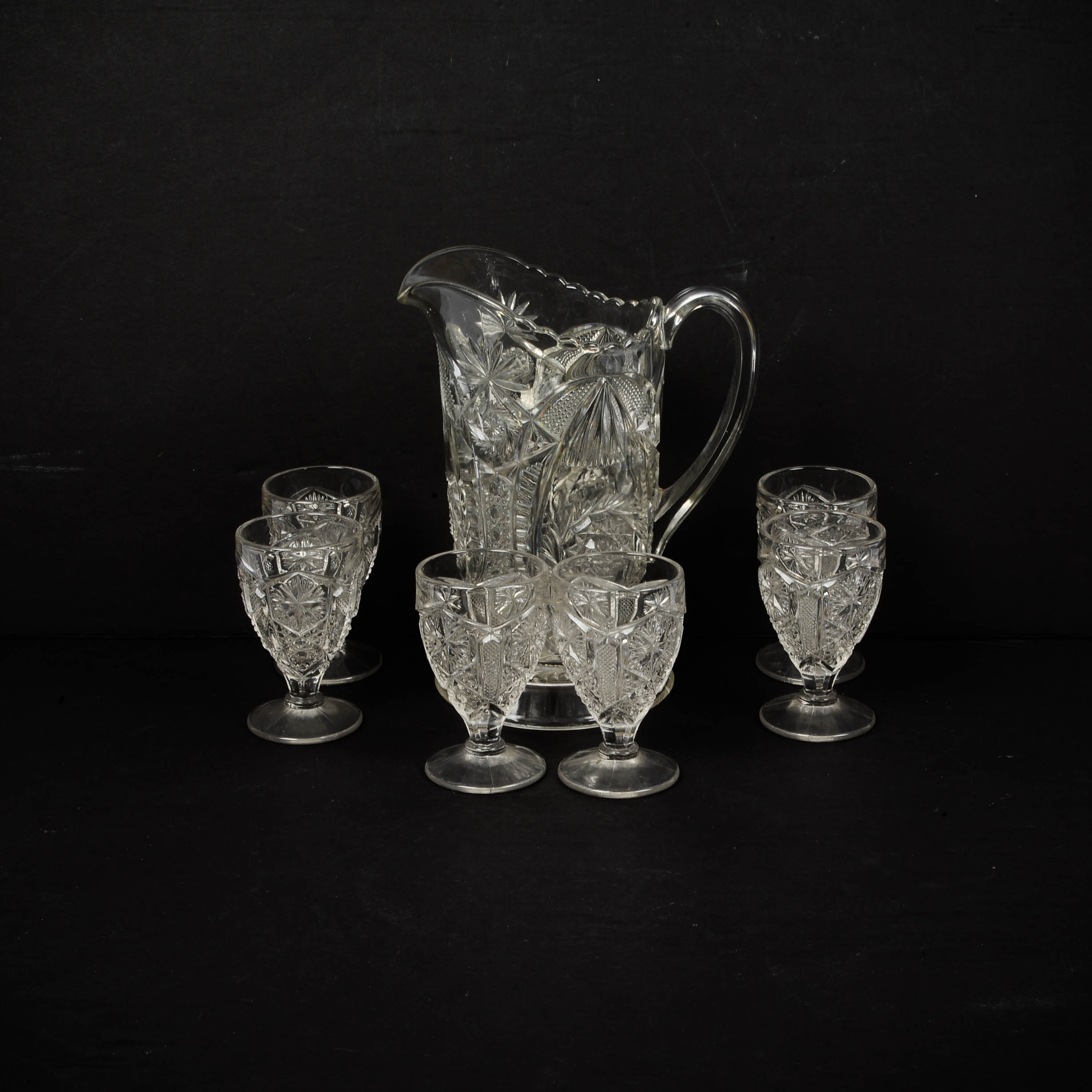 EAPG Group - Hand Cut Pitcher and Six Cordial Glasses