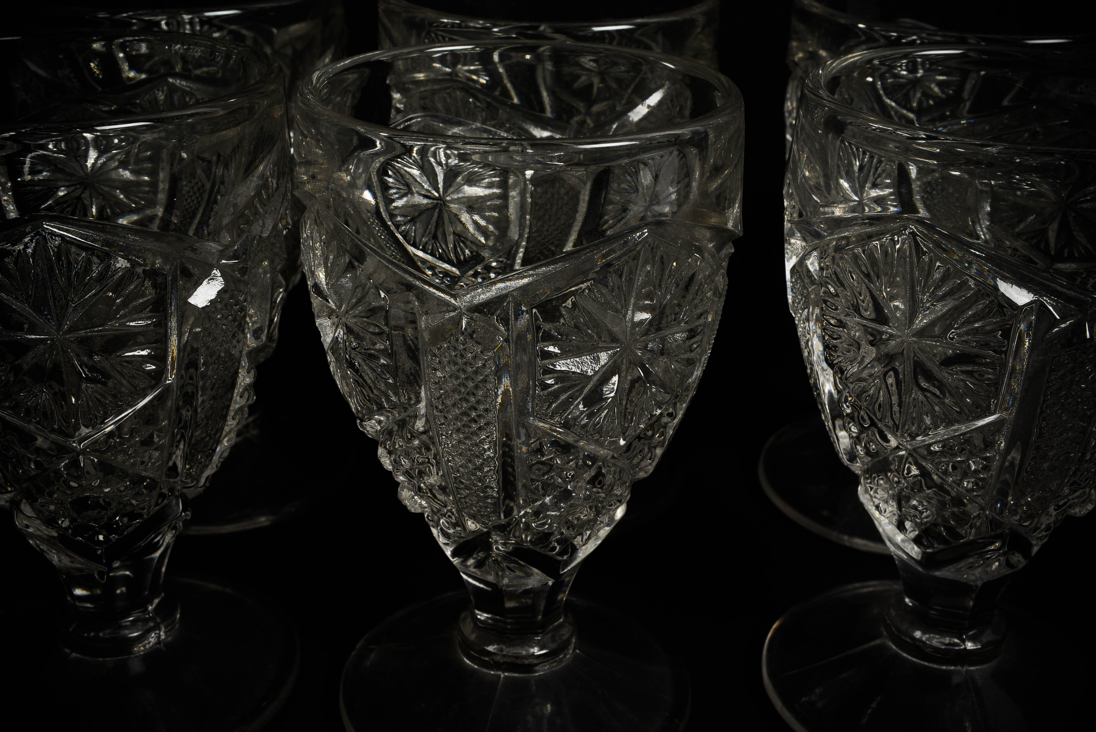 EAPG Group - Hand Cut Pitcher and Six Cordial Glasses
