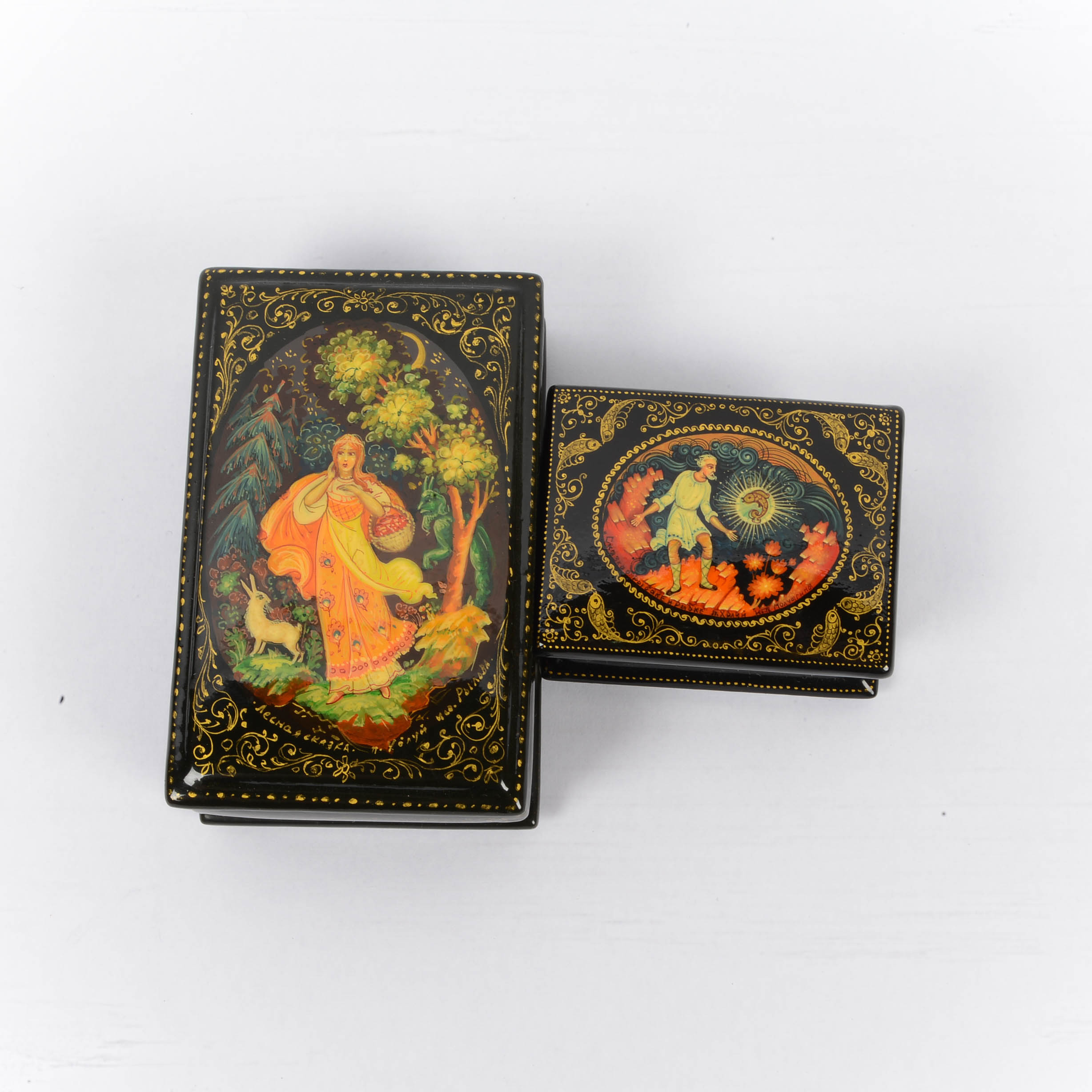 Russian Black Lacquer Paper Mache Boxes