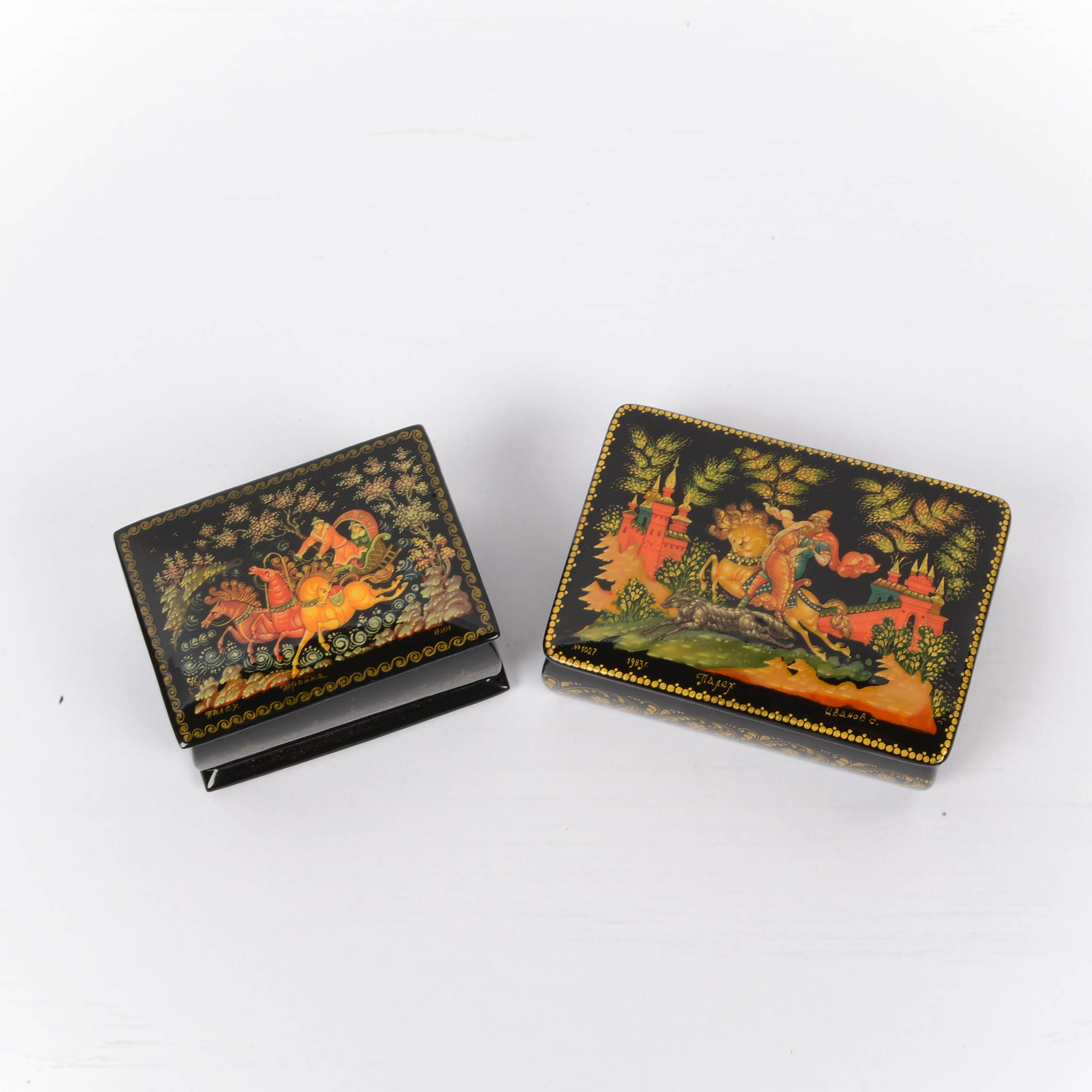 Russian Black Lacquer Paper Mache Trinket Boxes