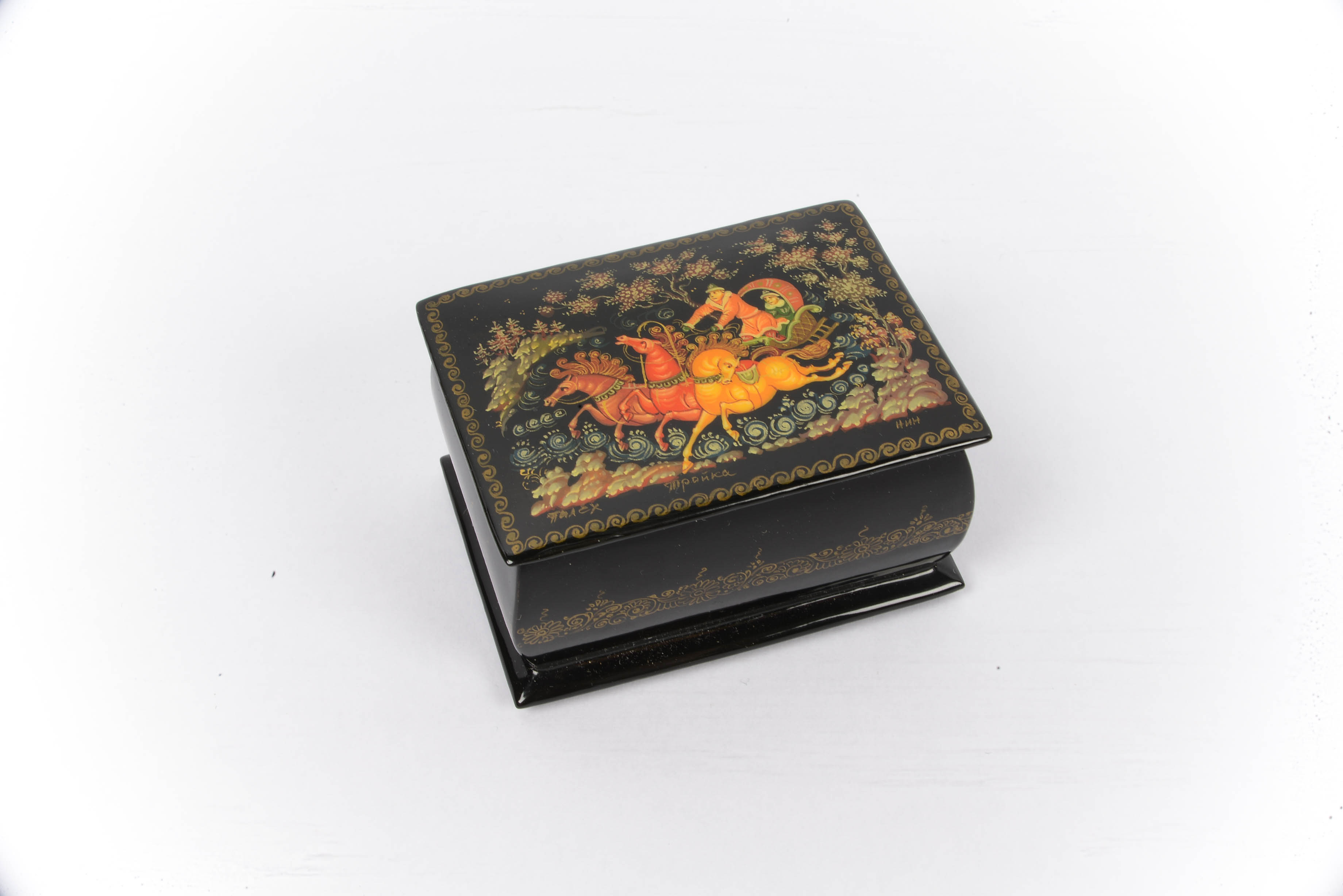 Russian Black Lacquer Paper Mache Trinket Boxes