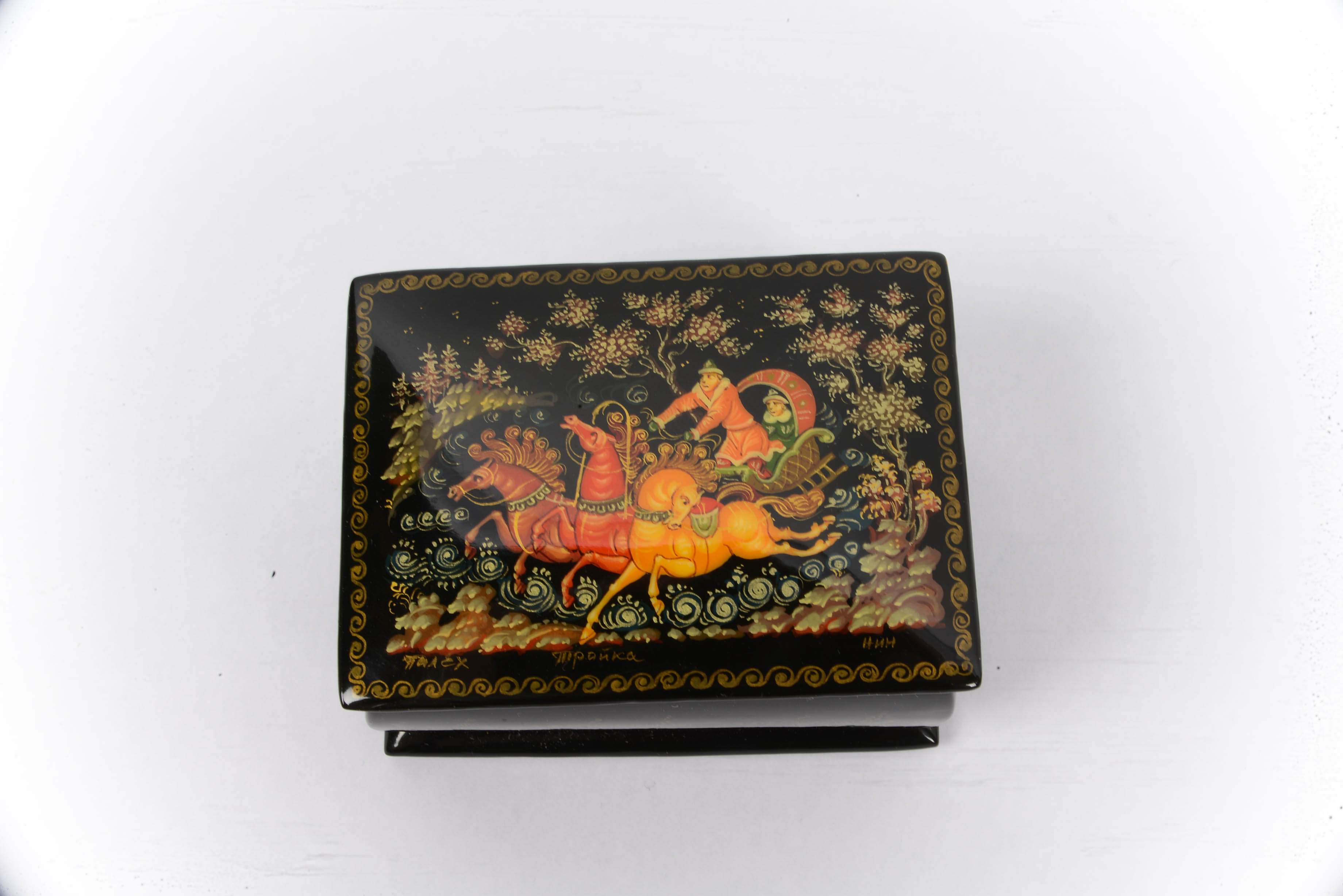 Russian Black Lacquer Paper Mache Trinket Boxes