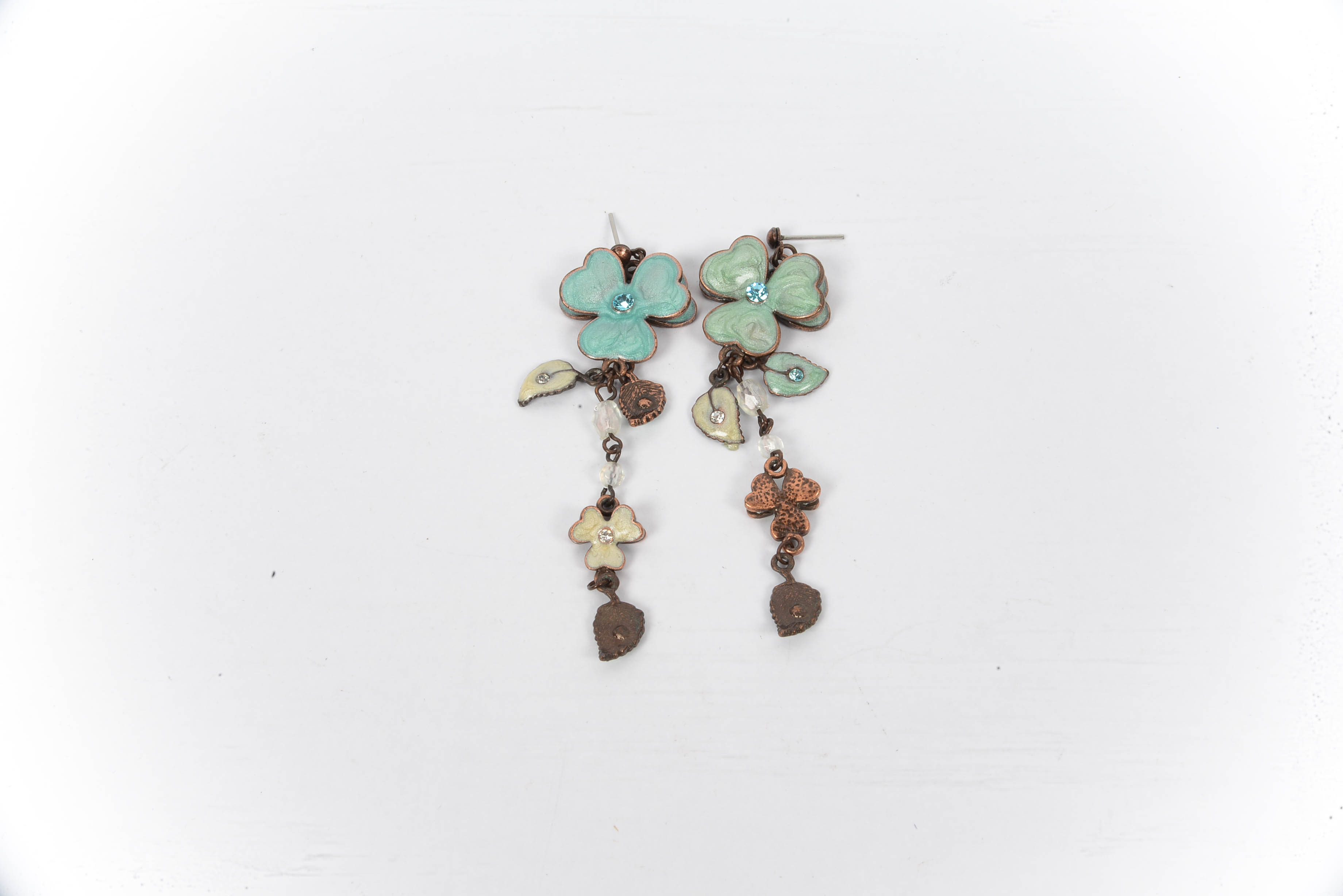 Plique-à-jour Enamel Crystal Dangle Earrings and Faceted Glass Brooch