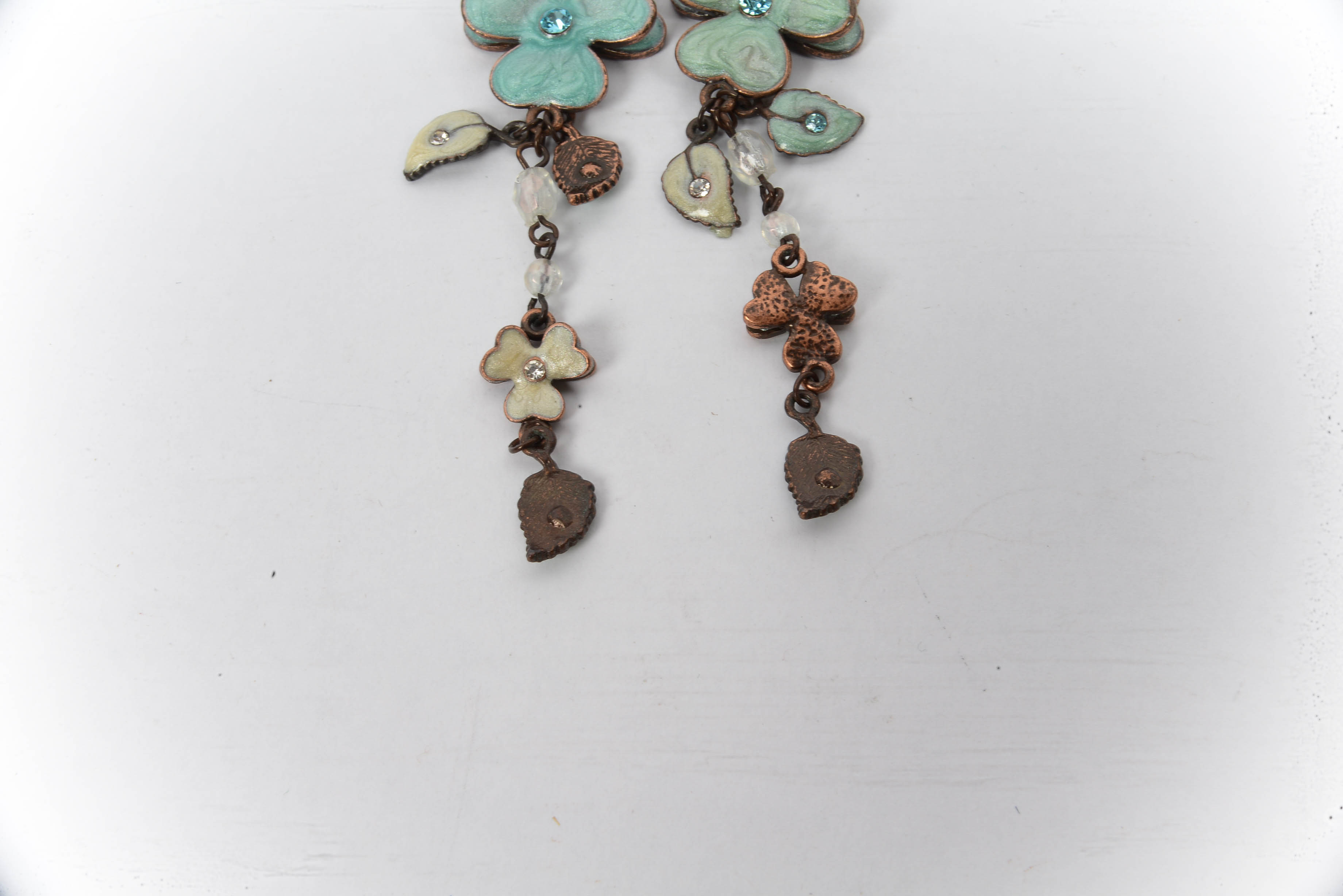 Plique-à-jour Enamel Crystal Dangle Earrings and Faceted Glass Brooch