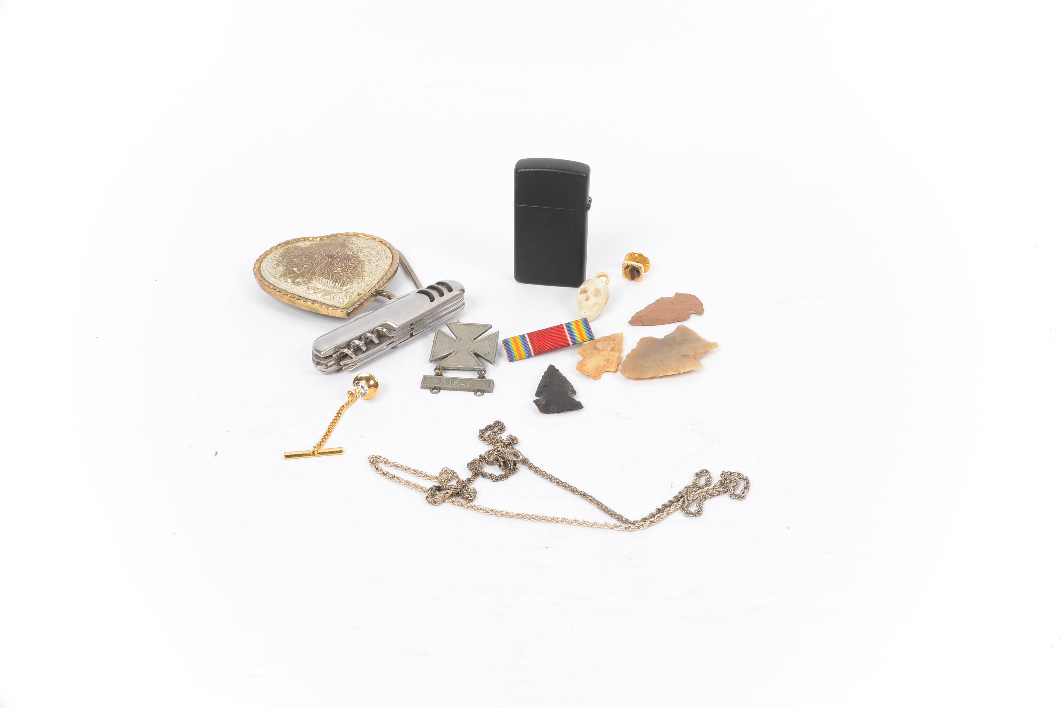 Gentleman's Drawer Lot - Stone Arrowheads, Tigers Eye and Buckle