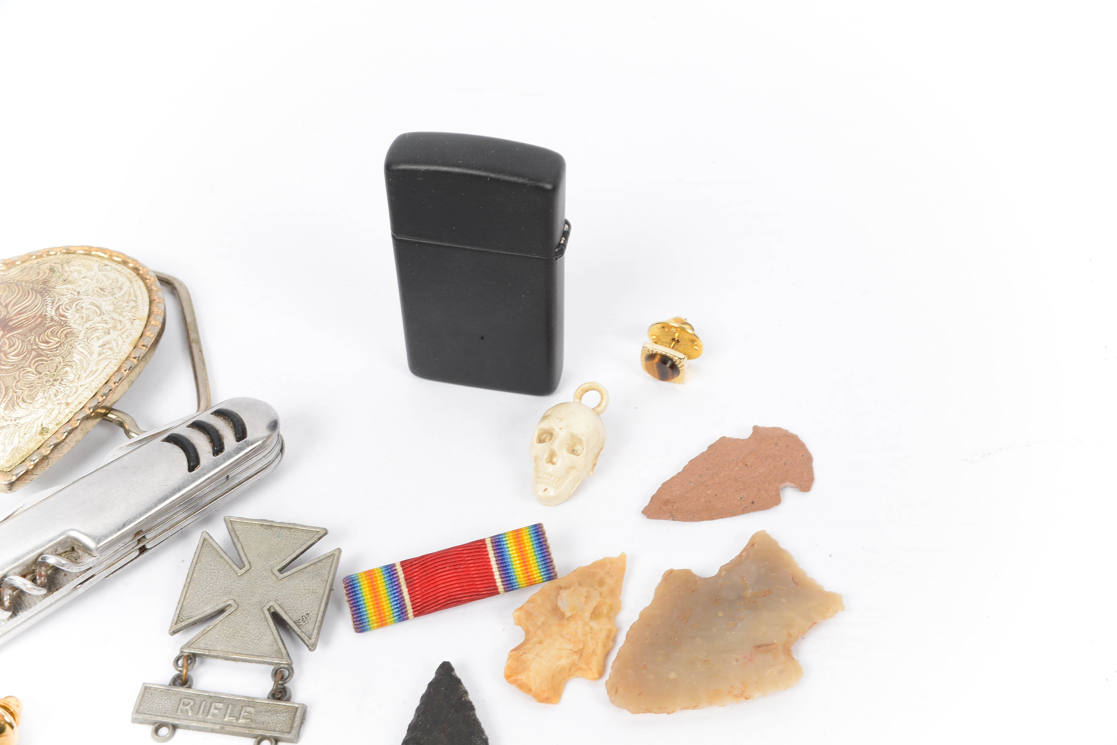 Gentleman's Drawer Lot - Stone Arrowheads, Tigers Eye and Buckle