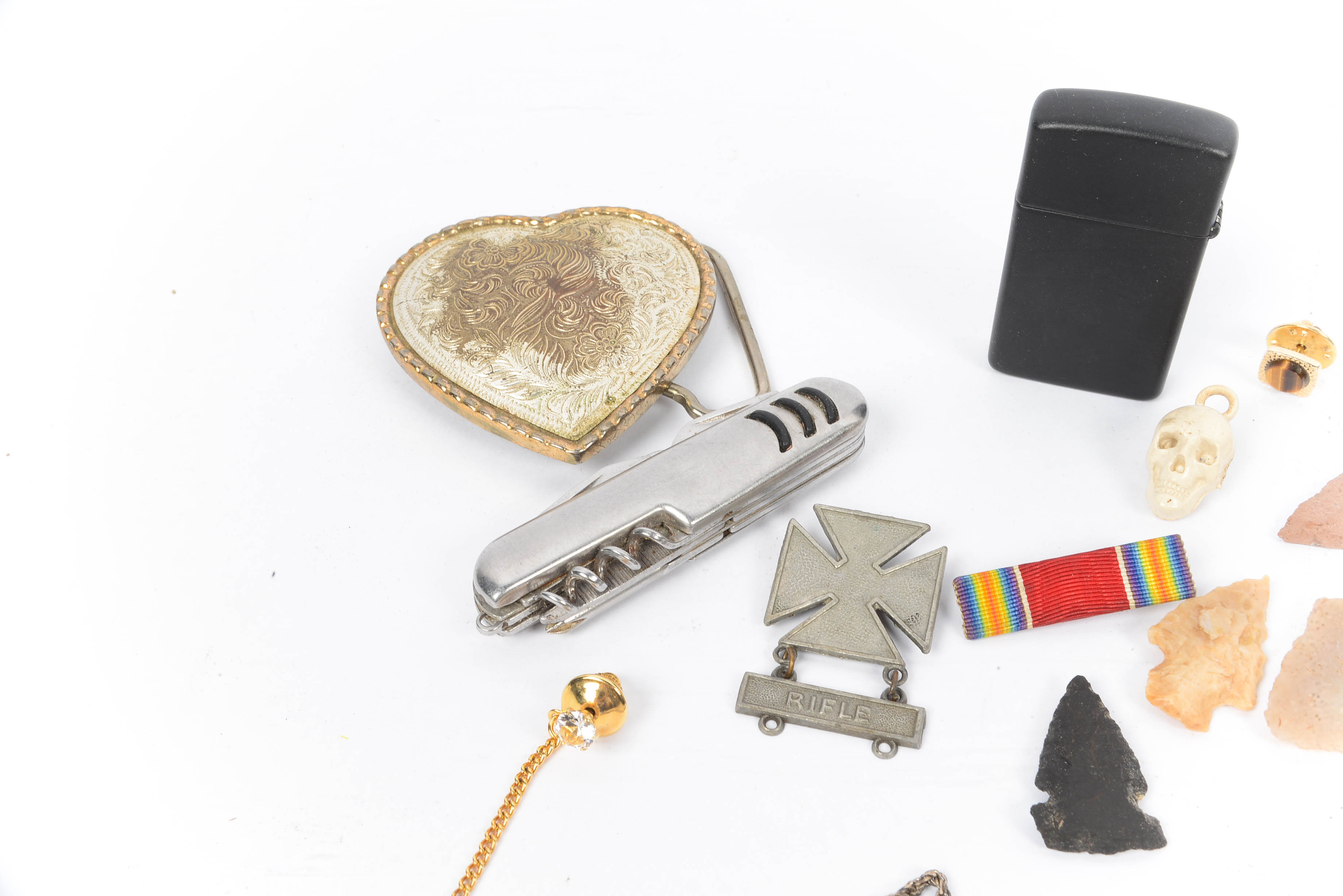 Gentleman's Drawer Lot - Stone Arrowheads, Tigers Eye and Buckle