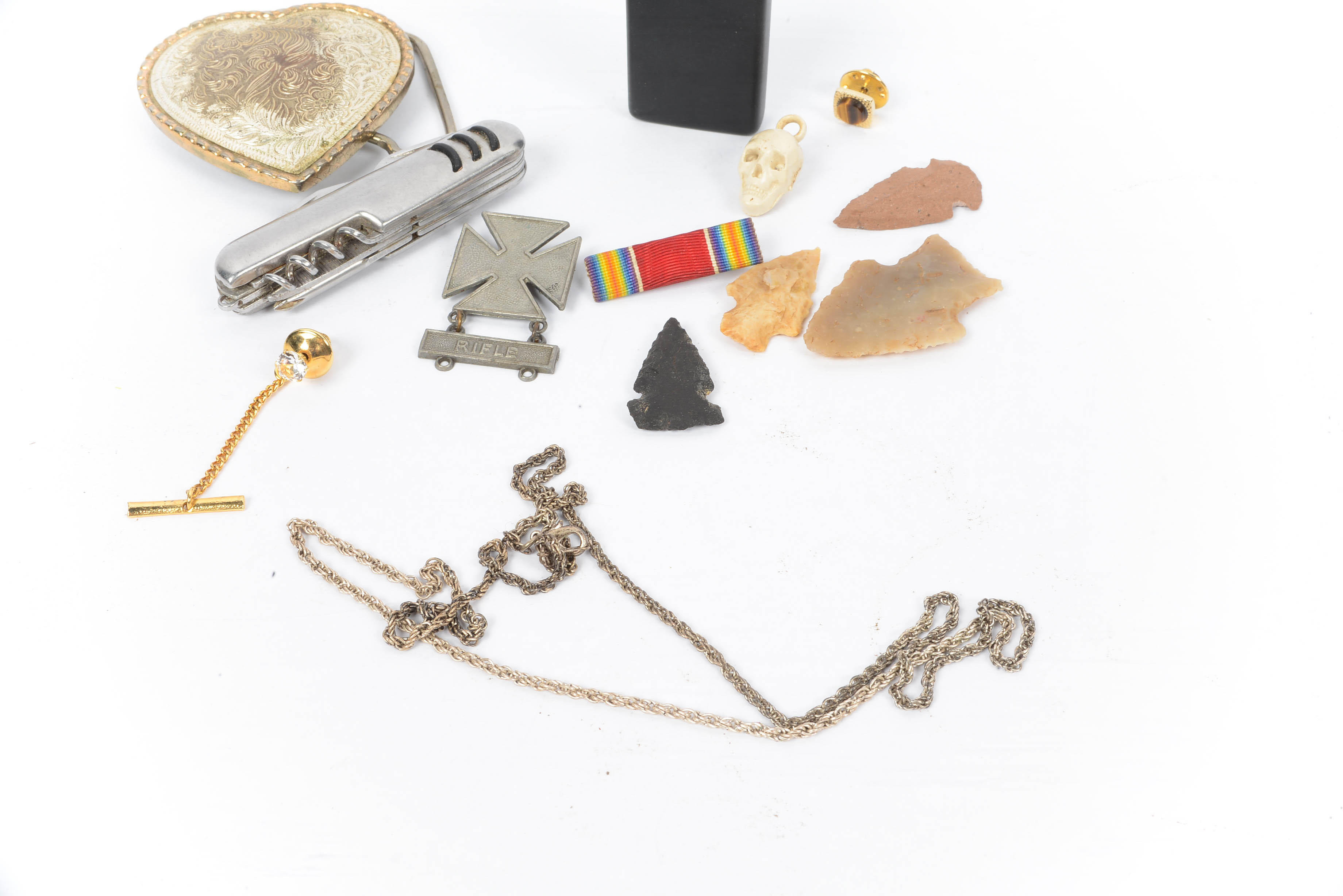 Gentleman's Drawer Lot - Stone Arrowheads, Tigers Eye and Buckle