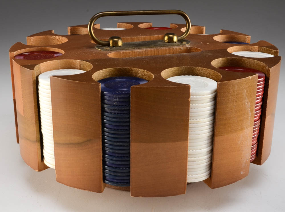 Vintage Carved Wood Card Box and Revolving Poker Chip Carousel EBTH