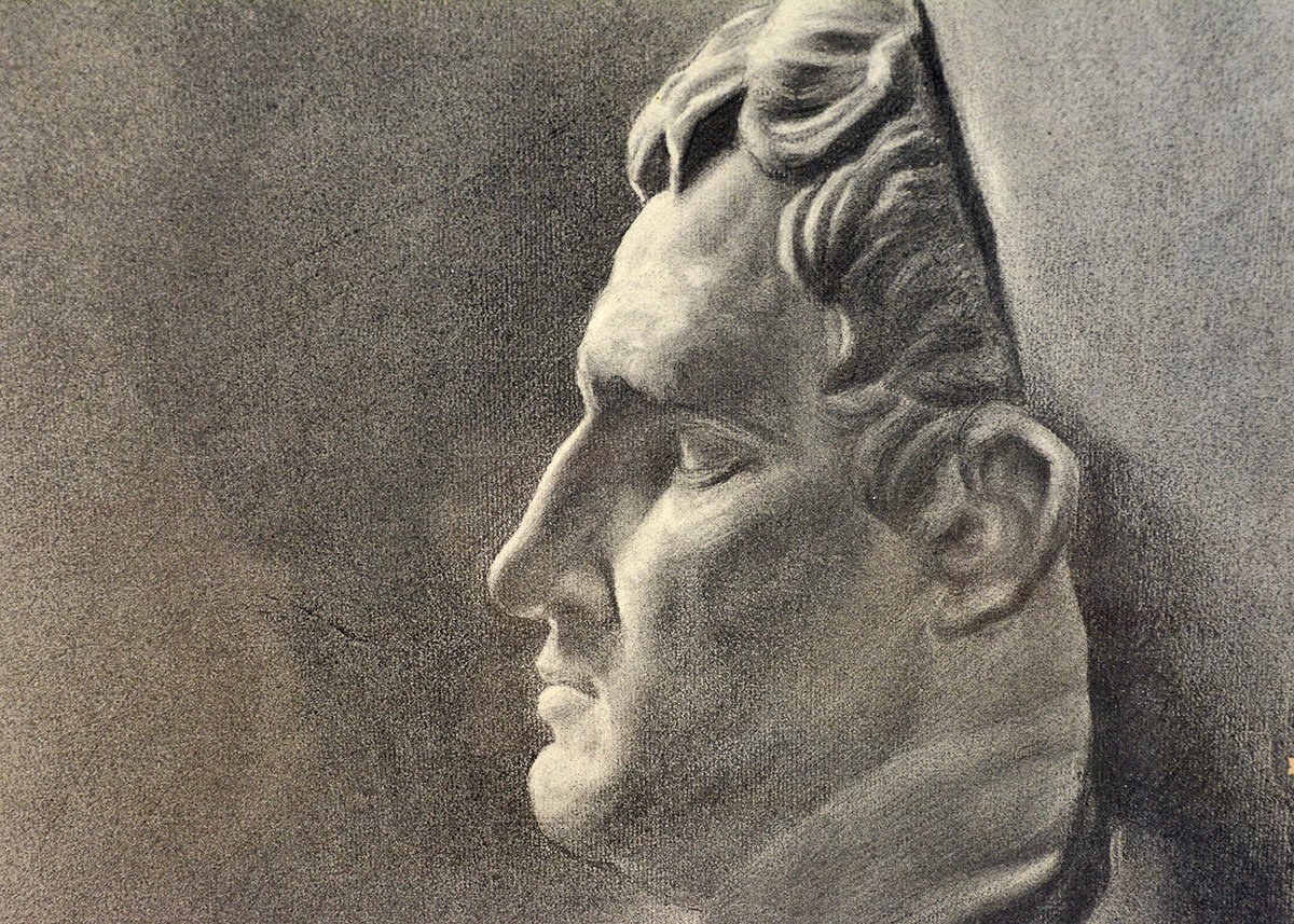 Anne Fleckenstein Original "Head of Nero No. 2" Charcoal, c. 1894