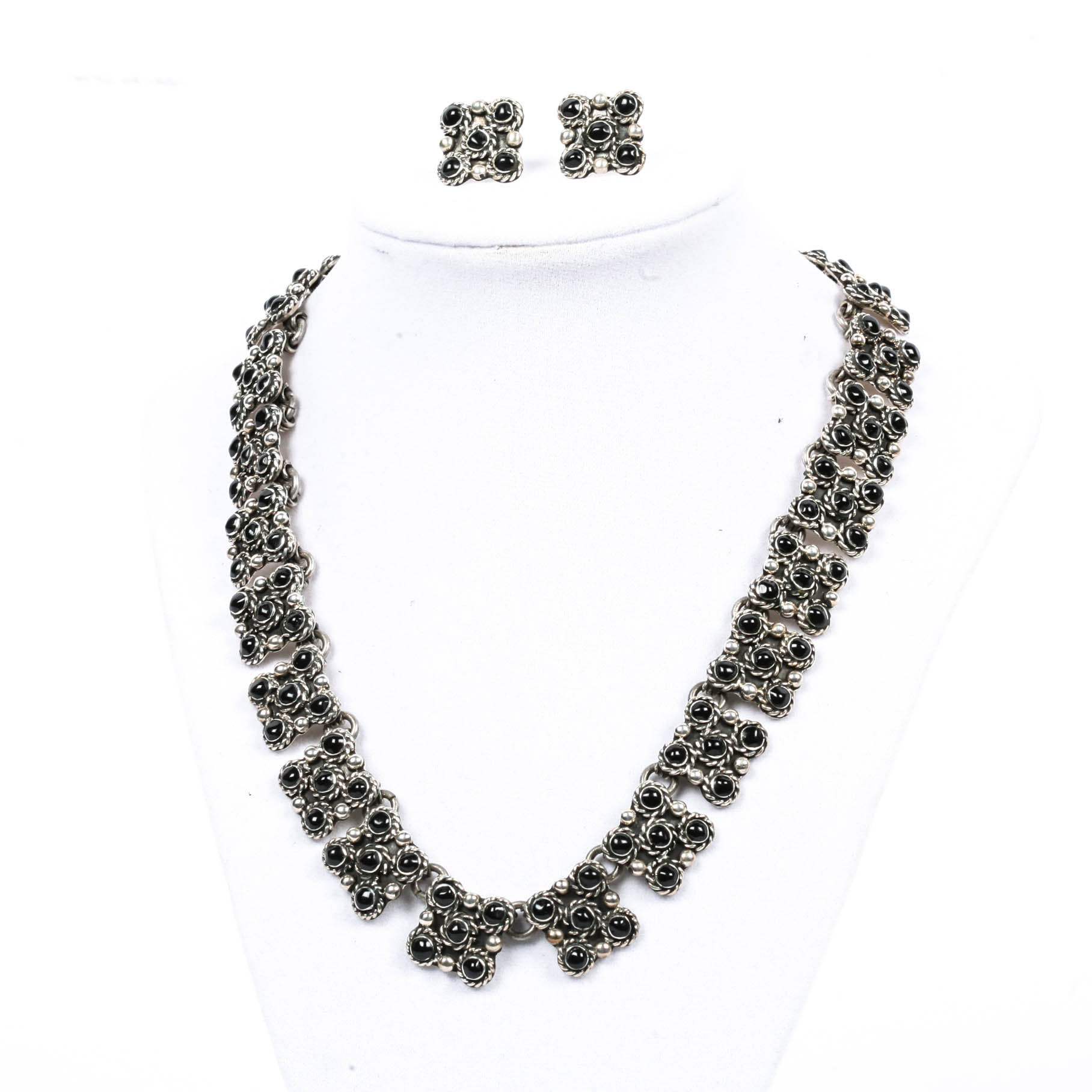 Sterling Silver Black Beaded Necklace and Earring Set