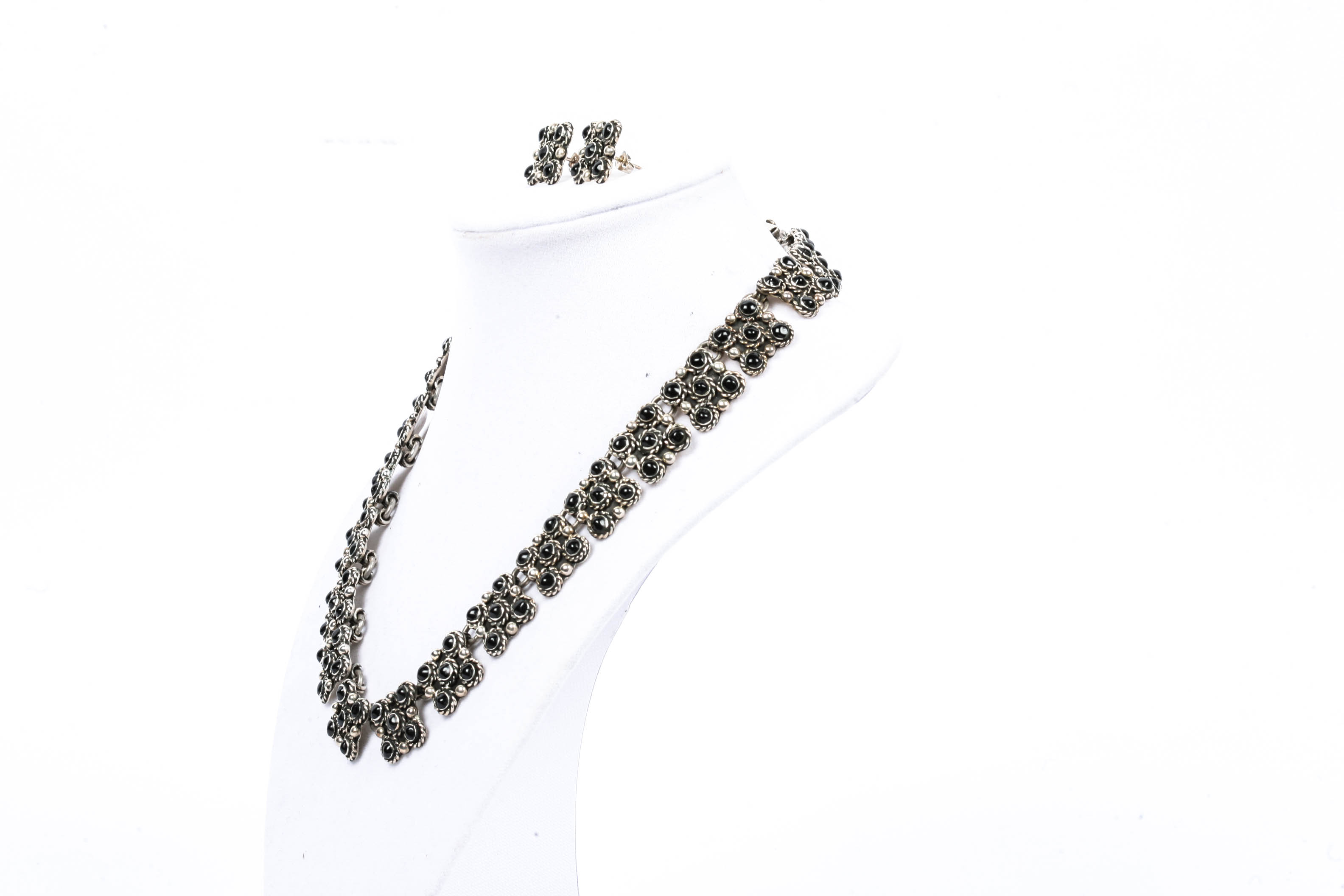 Sterling Silver Black Beaded Necklace and Earring Set