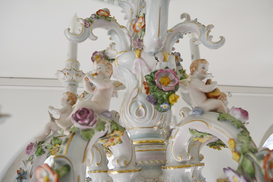 Capodimonte Style Floral and Figural Porcelain Chandelier c. 1900