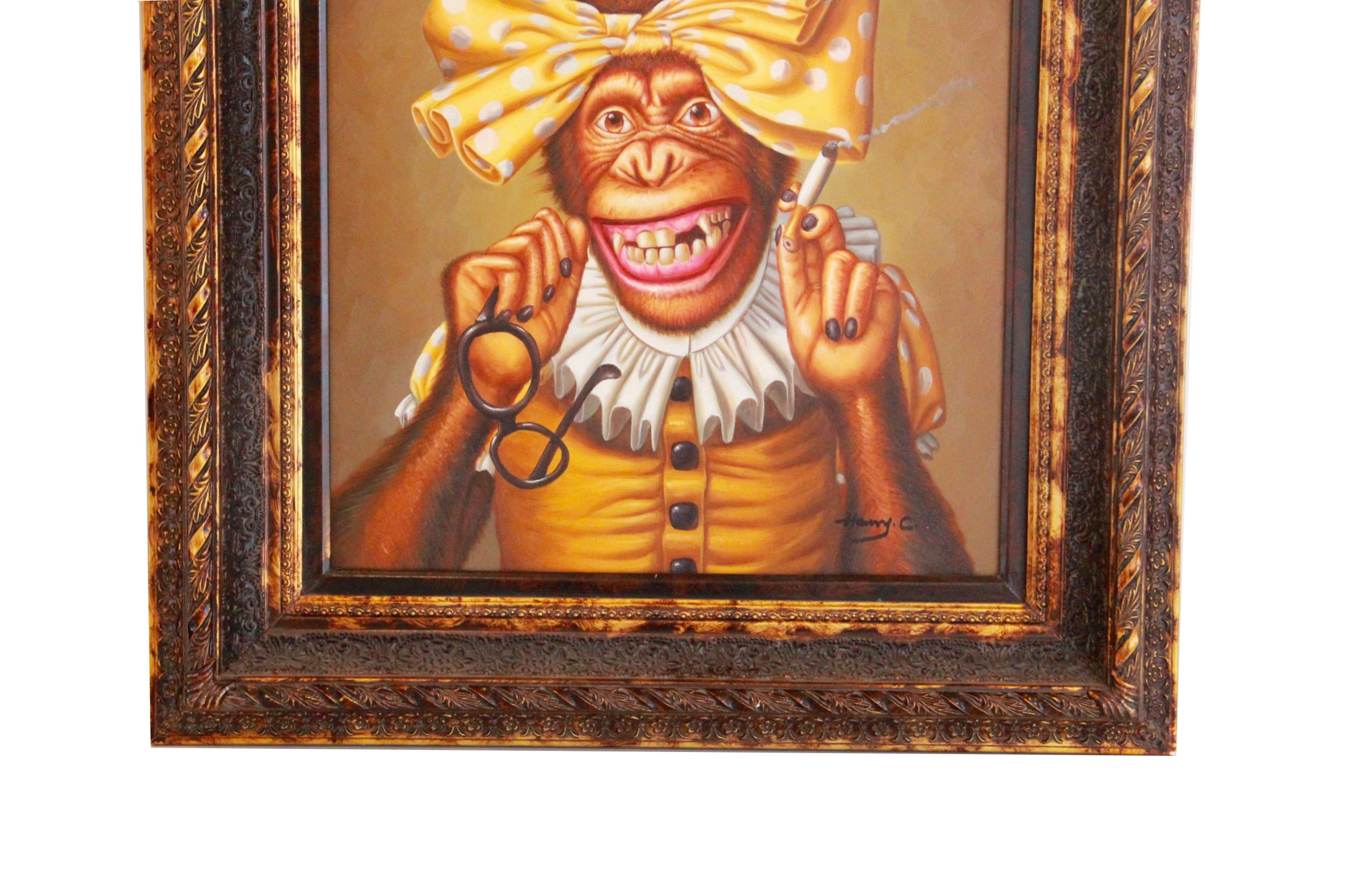 Framed Acrylic on Canvas of a Humanized Chimpanzee By Henry C.