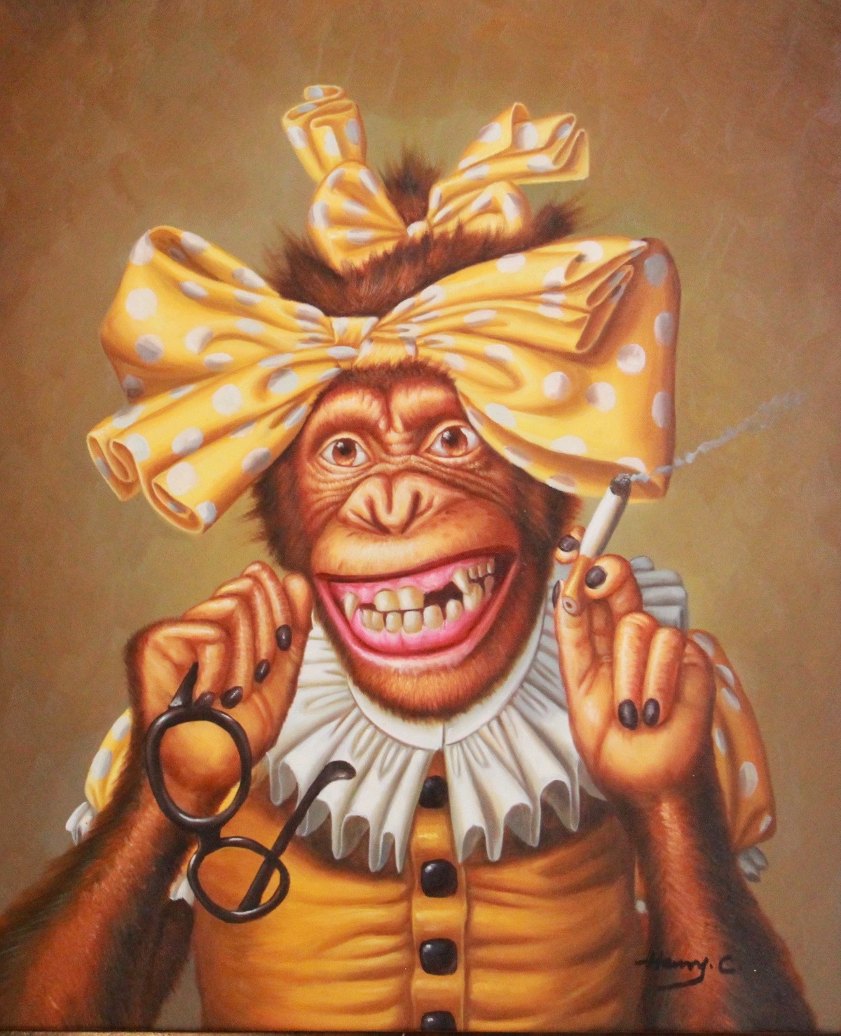Framed Acrylic on Canvas of a Humanized Chimpanzee By Henry C.
