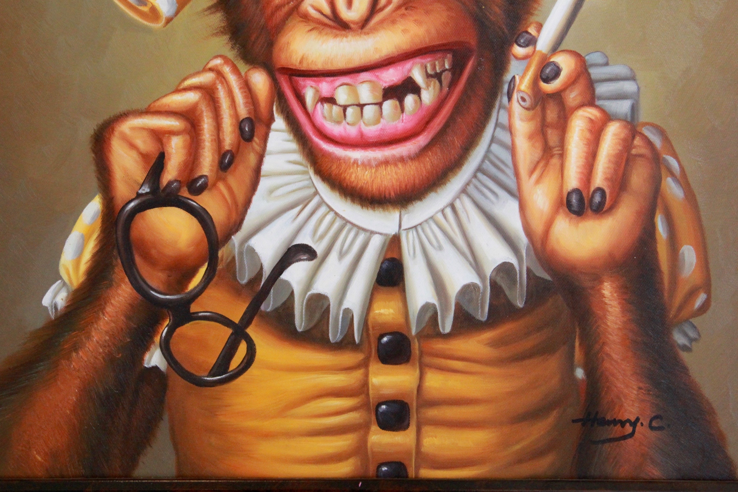 Framed Acrylic on Canvas of a Humanized Chimpanzee By Henry C.