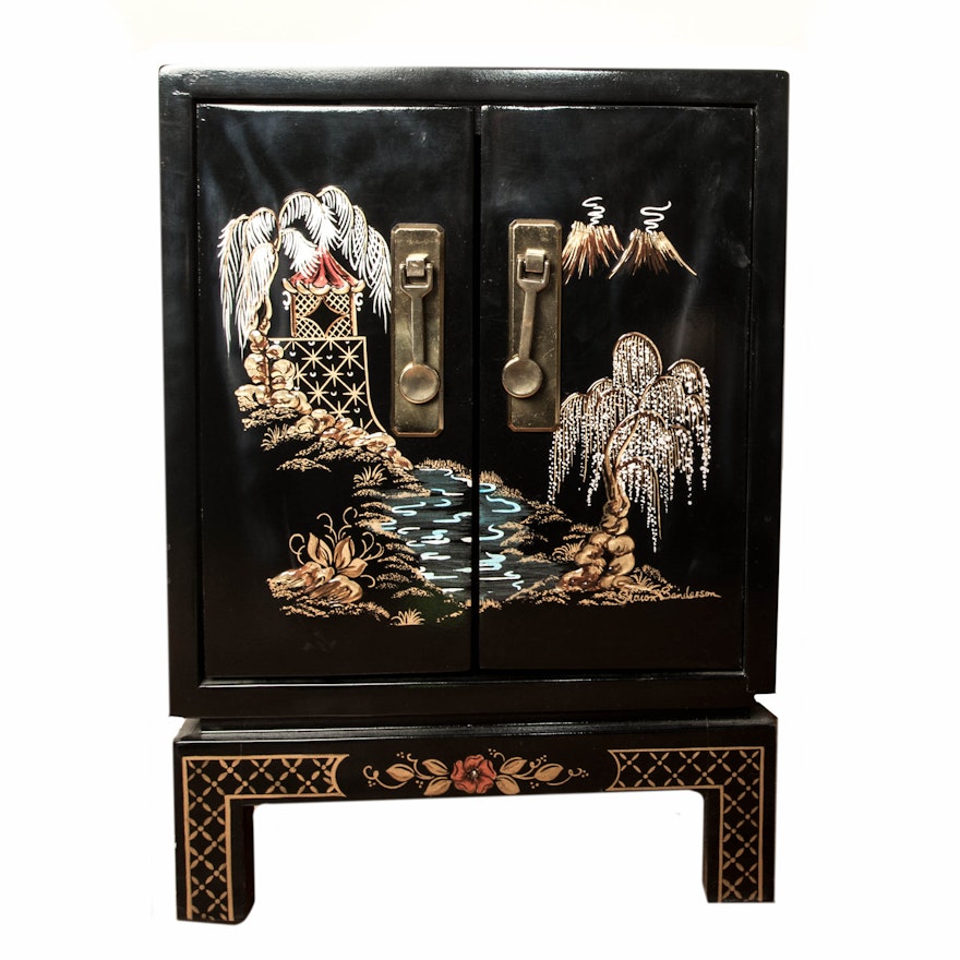 Black Lacquer Asian Motif Cabinet