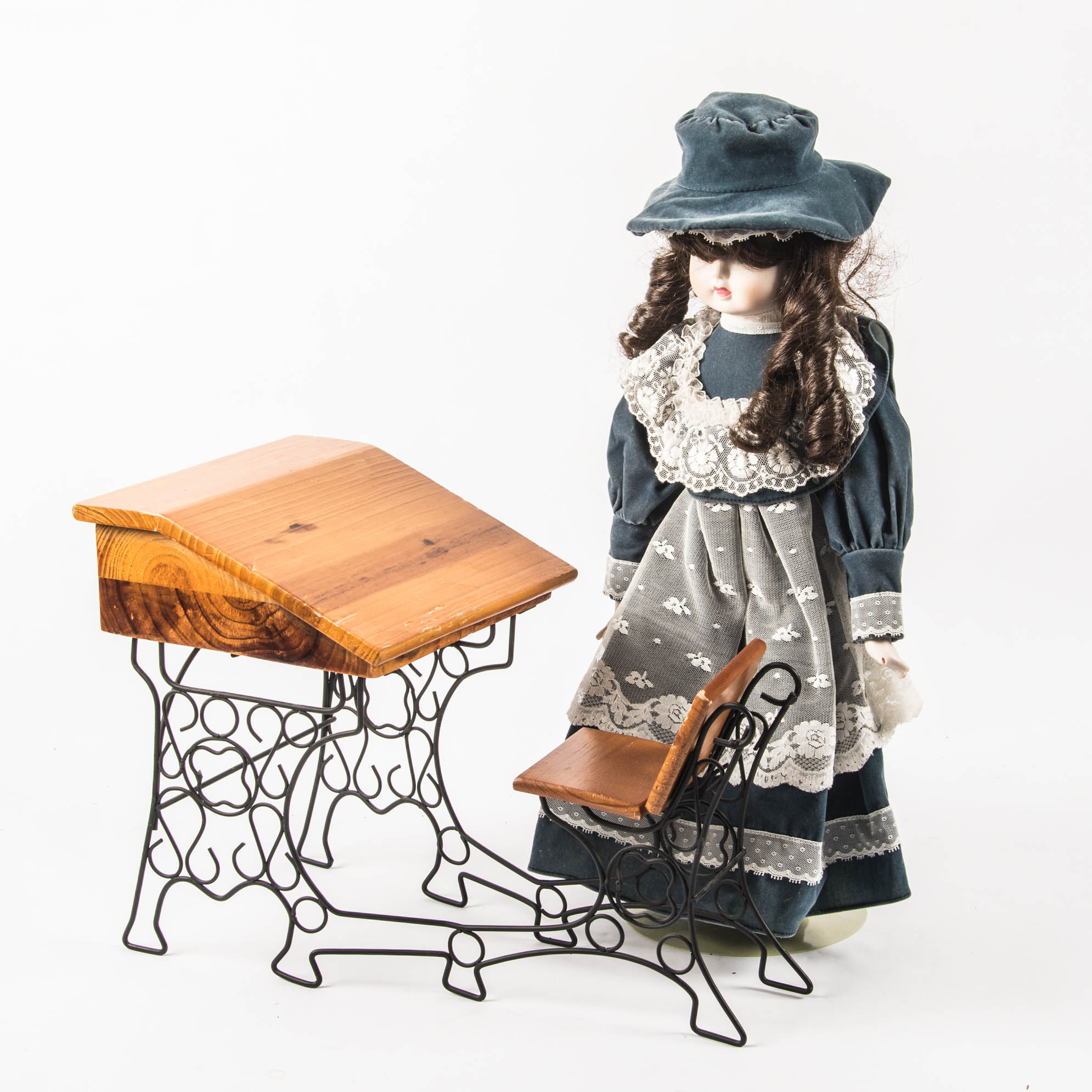 Porcelan Doll with Desk and Chair