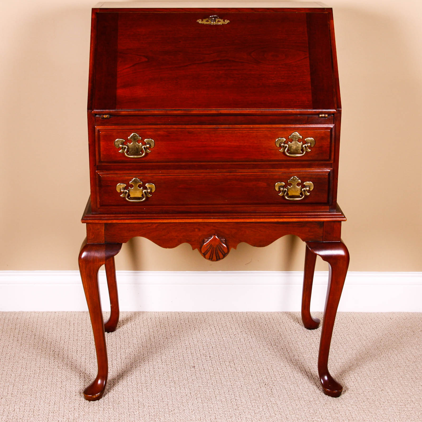 Cherry Queen Anne Style Drop Front Secretary Desk
