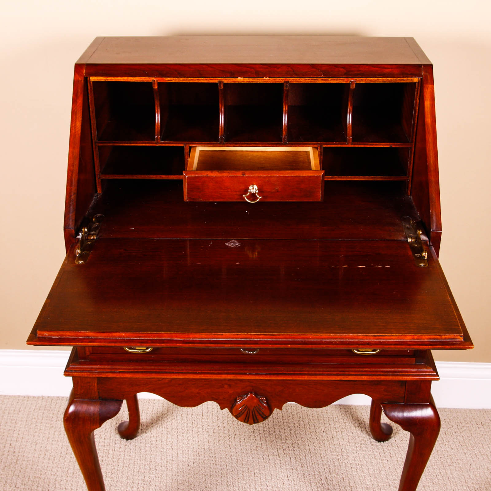 Cherry Queen Anne Style Drop Front Secretary Desk
