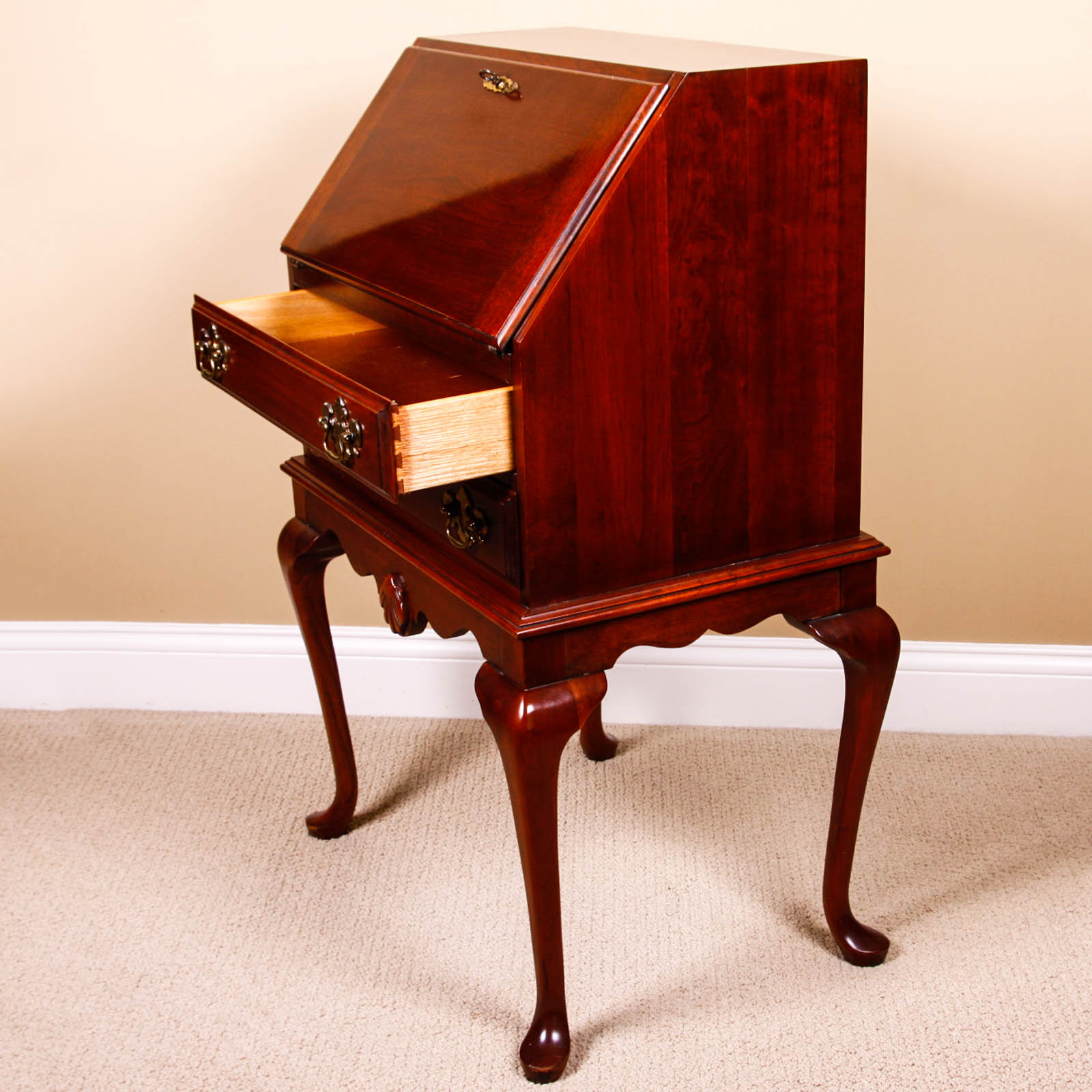 Cherry Queen Anne Style Drop Front Secretary Desk