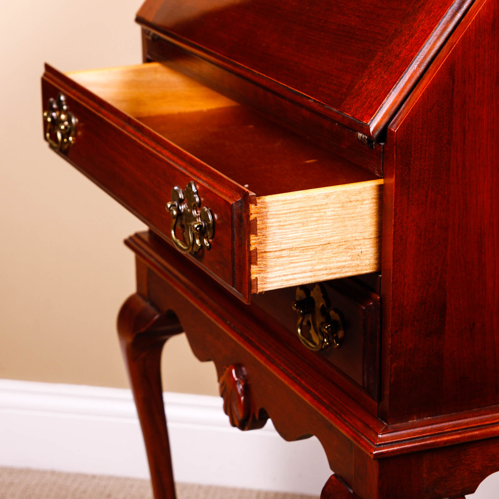 Cherry Queen Anne Style Drop Front Secretary Desk