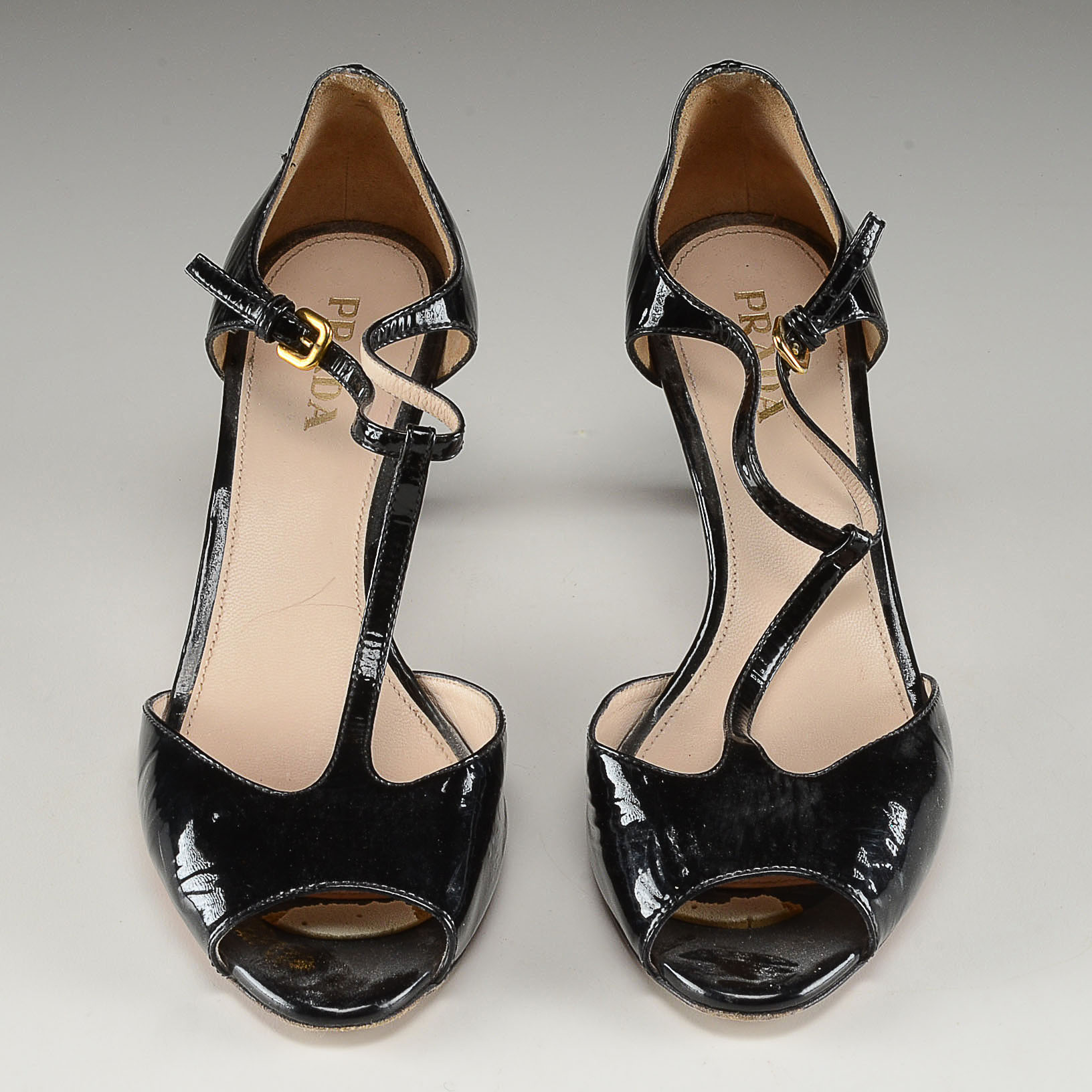 Prada Designer Open Toe Black Patent Leather Strappy Dress Sandals