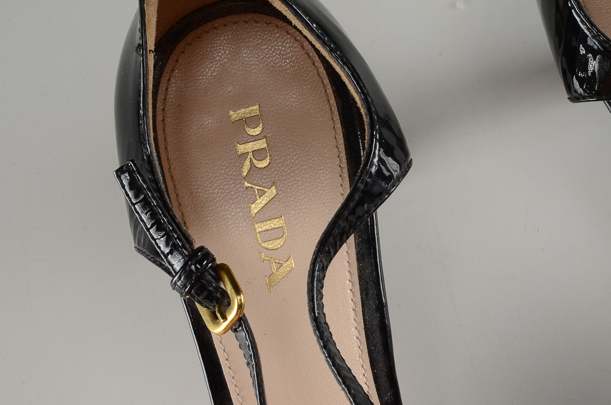 Prada Designer Open Toe Black Patent Leather Strappy Dress Sandals