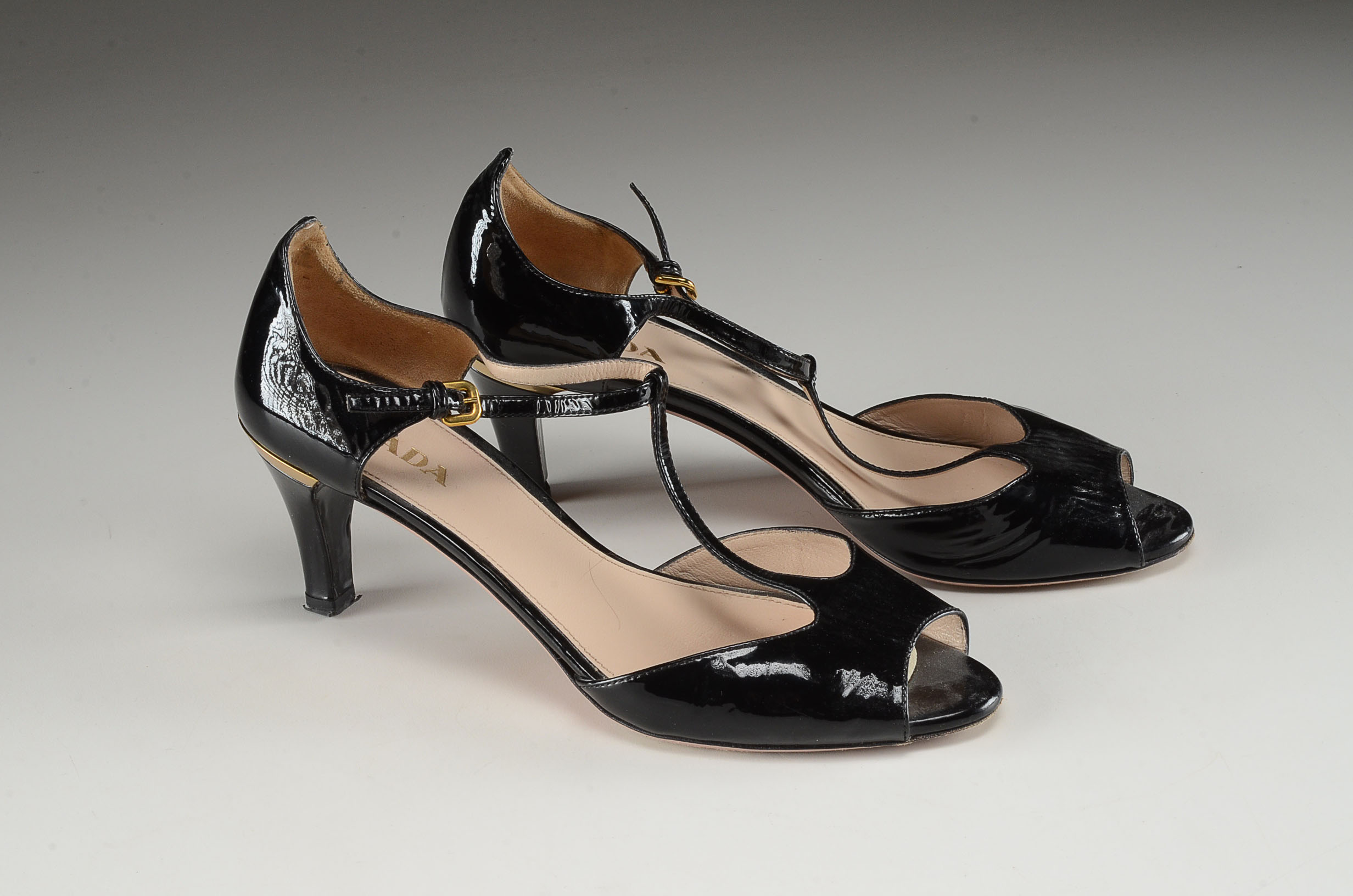 Prada Designer Open Toe Black Patent Leather Strappy Dress Sandals
