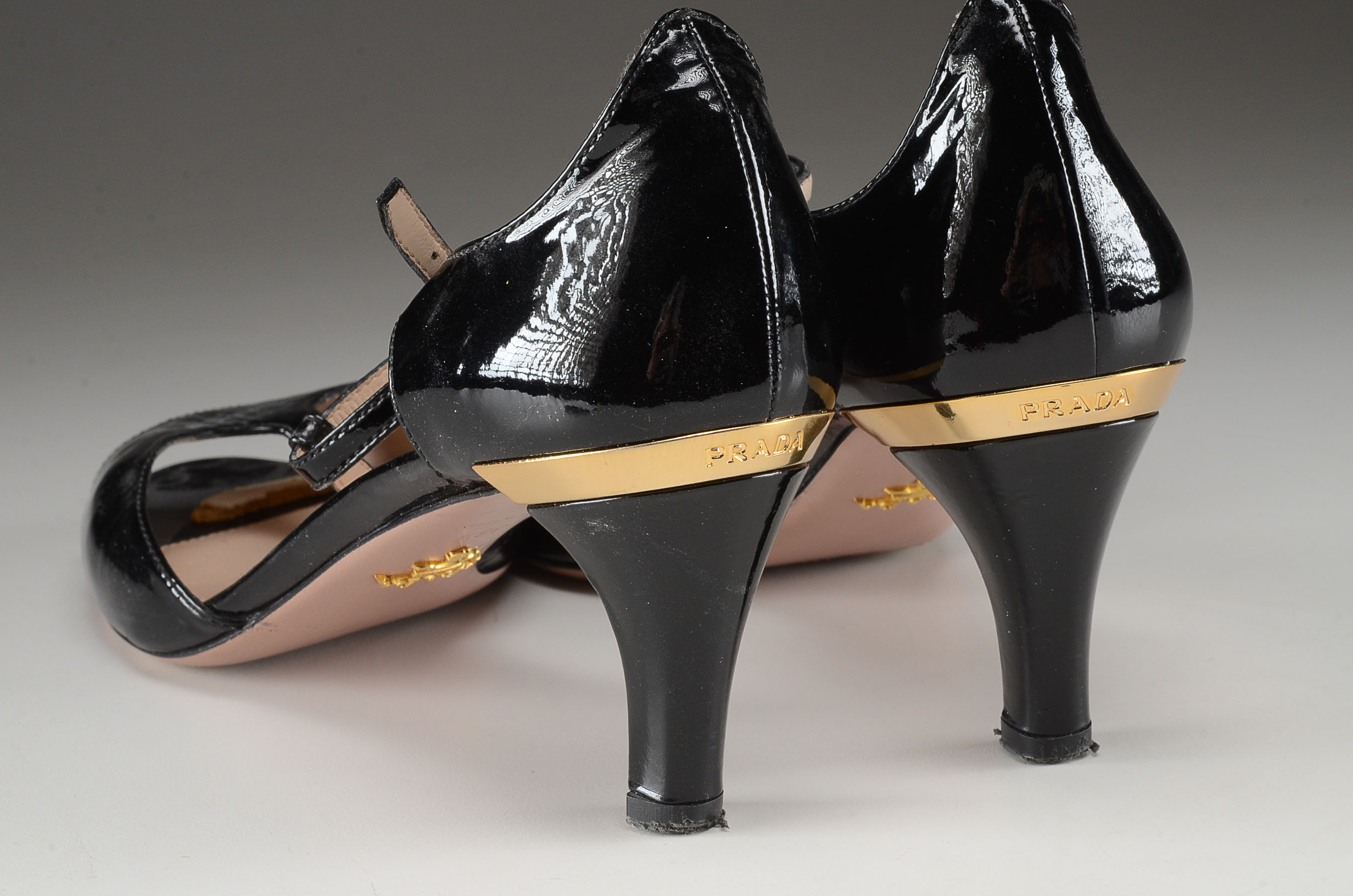 Prada Designer Open Toe Black Patent Leather Strappy Dress Sandals