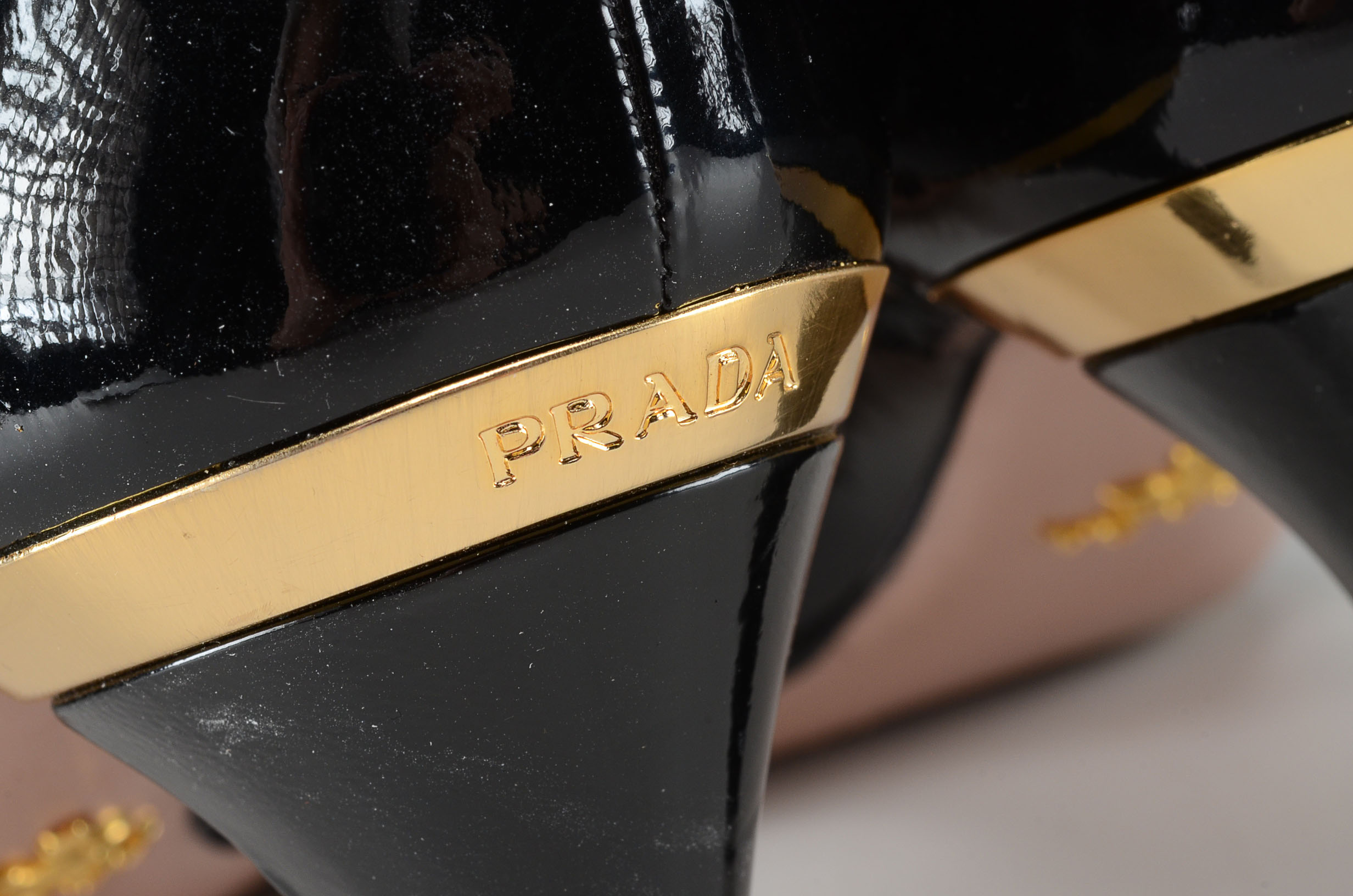 Prada Designer Open Toe Black Patent Leather Strappy Dress Sandals