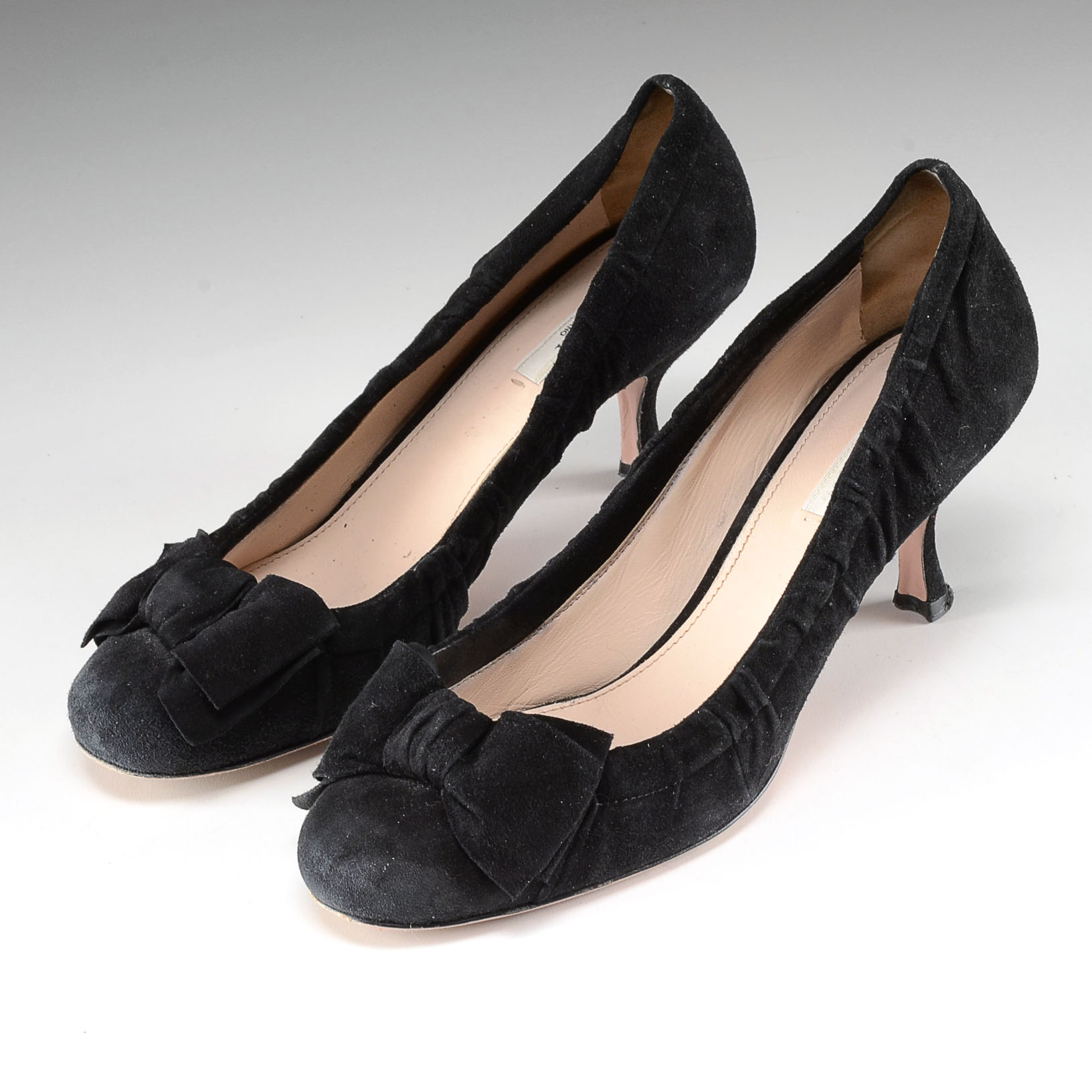 Pair of Prada Black Suede and Leather Kitten Heels with Bow