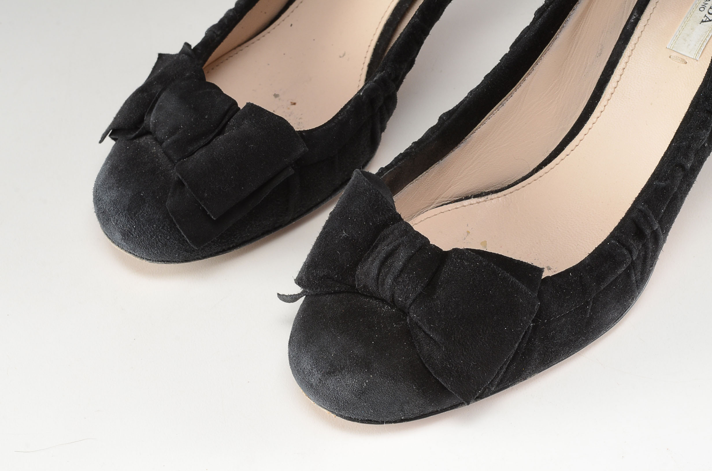 Pair of Prada Black Suede and Leather Kitten Heels with Bow
