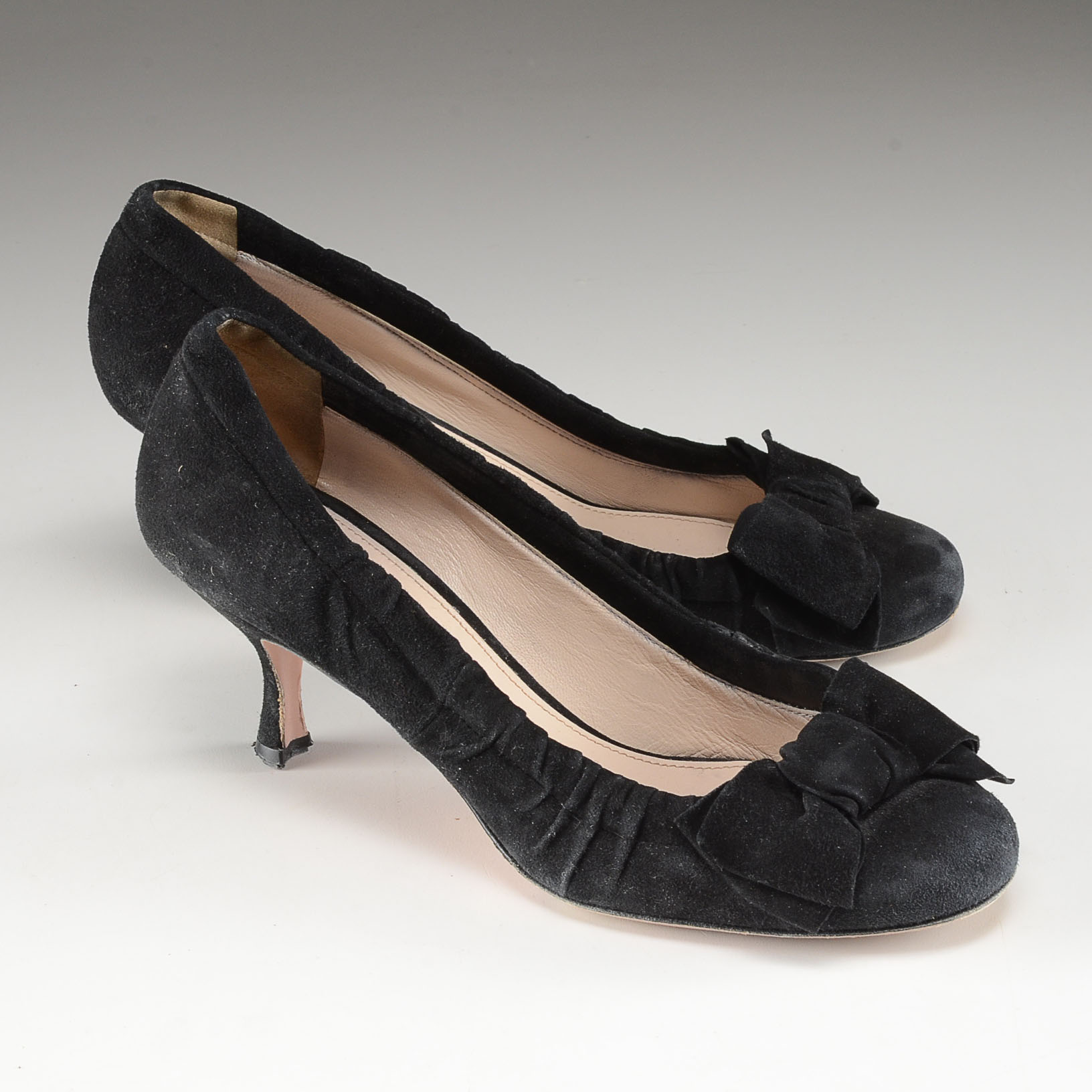 Pair of Prada Black Suede and Leather Kitten Heels with Bow