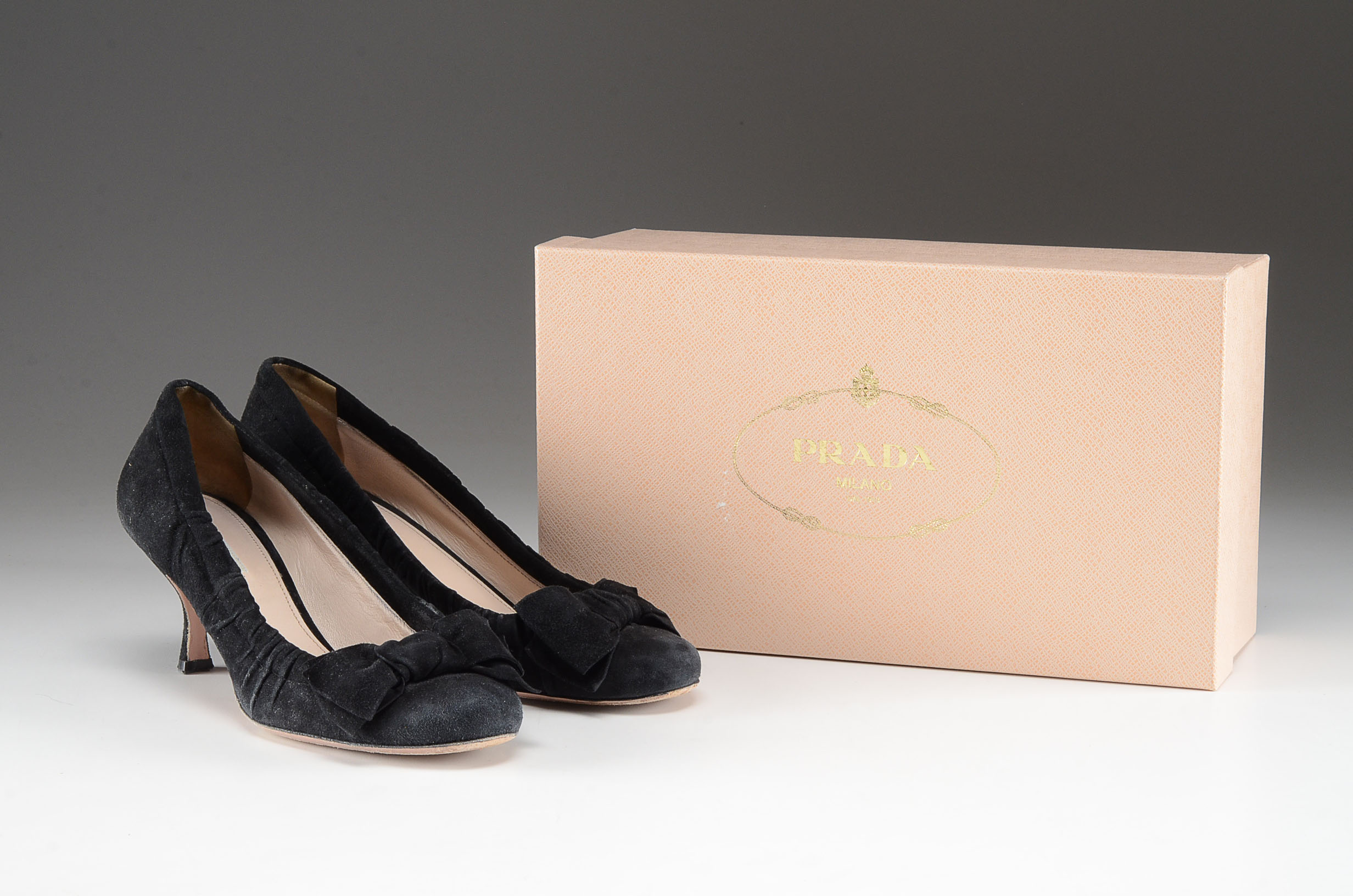 Pair of Prada Black Suede and Leather Kitten Heels with Bow