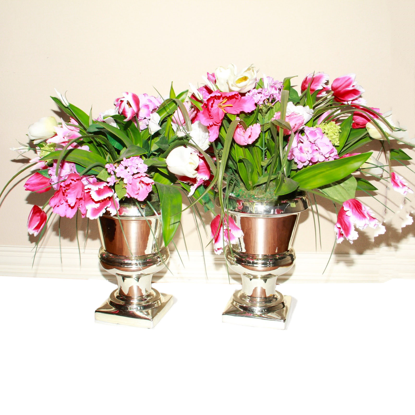 Pair of Decorative Faux Floral Decoration In Ceramic Vases